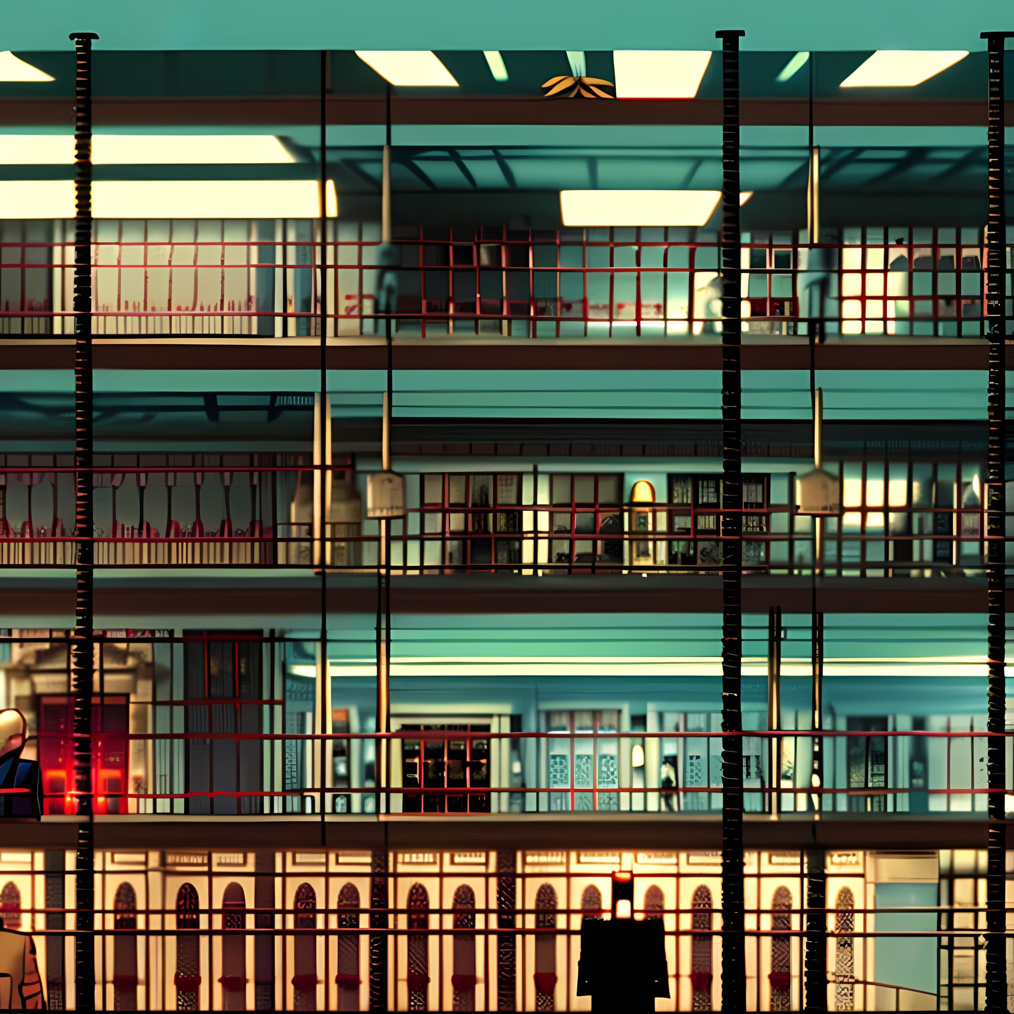 Wes Anderson-style illustration of a multi-story building with teal walls and red railings.