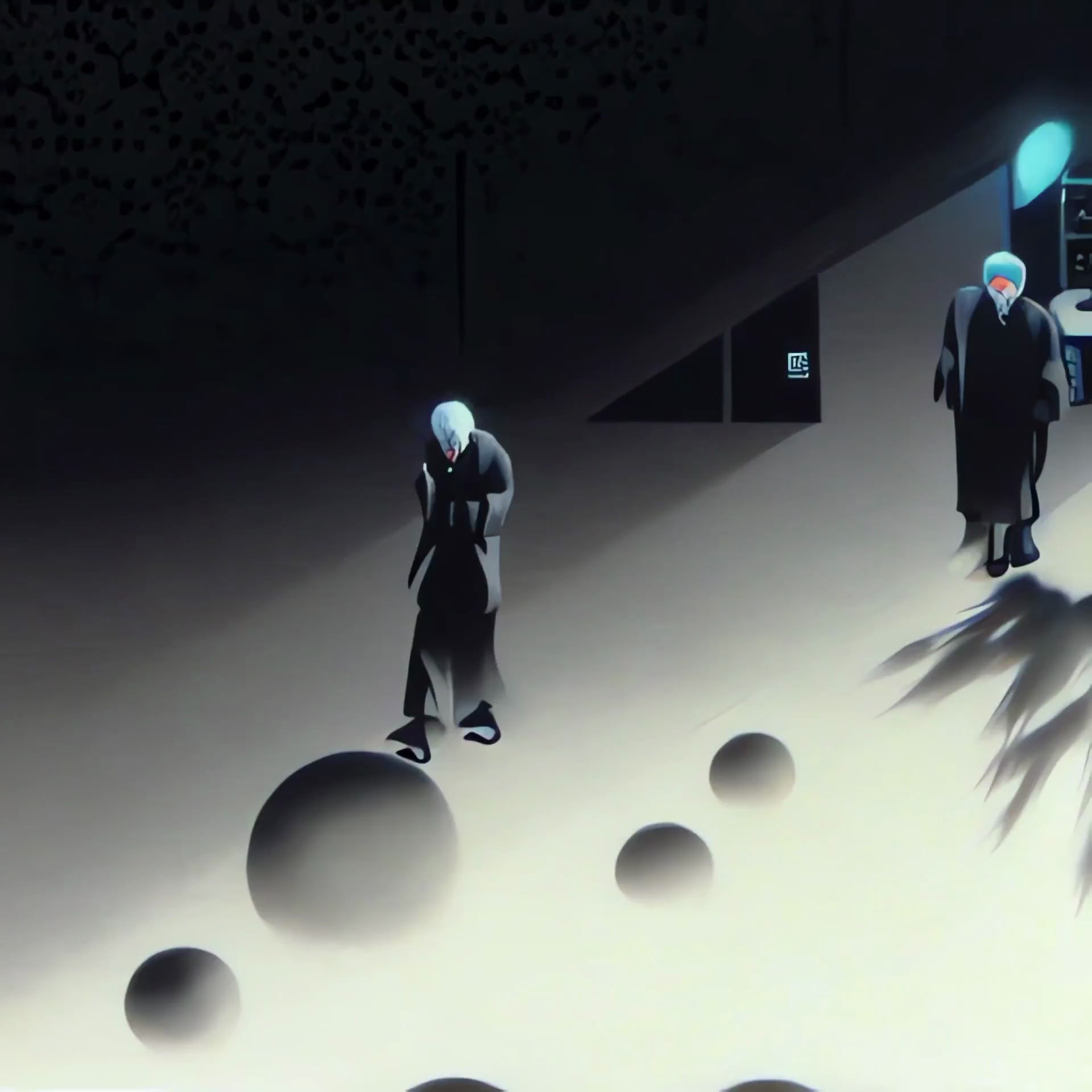 Stylized illustration of two figures in dark clothing walking on a light grey surface with dark spheres scattered around them.