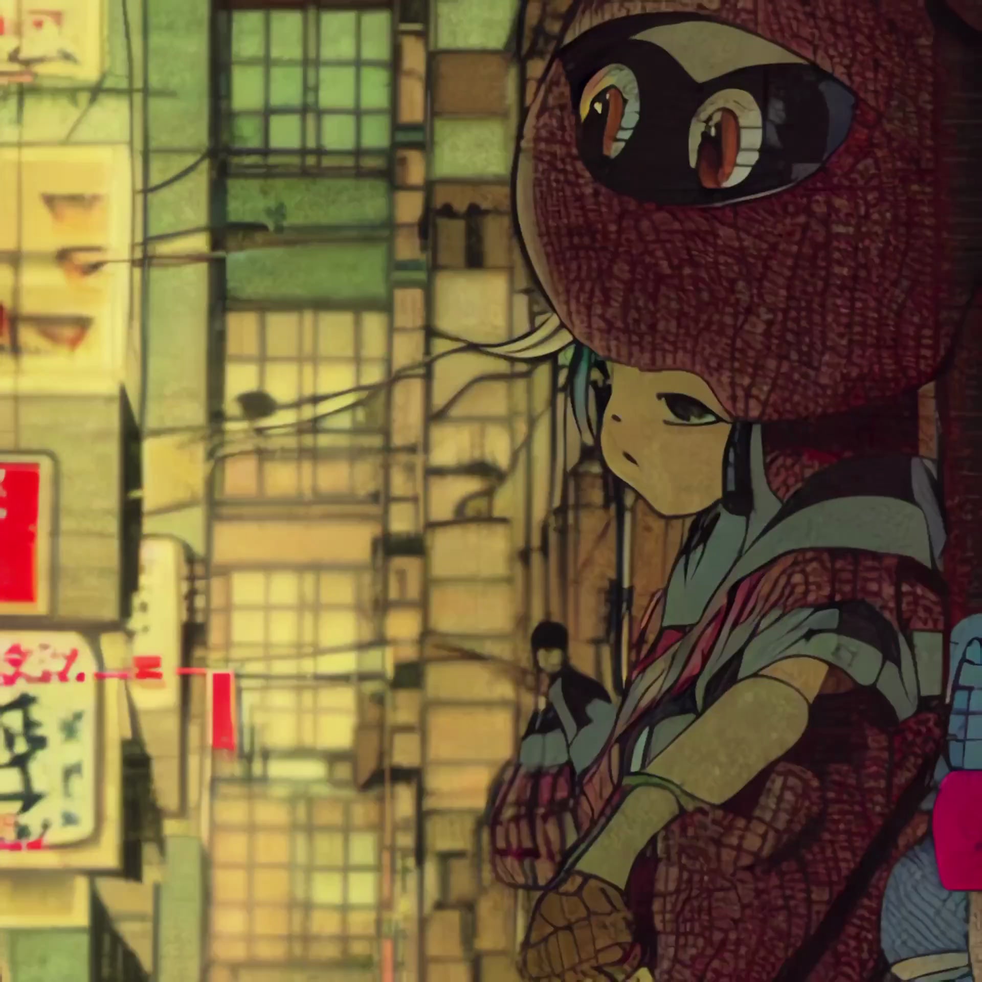 Anime girl in a textured helmet standing in Tokyo.