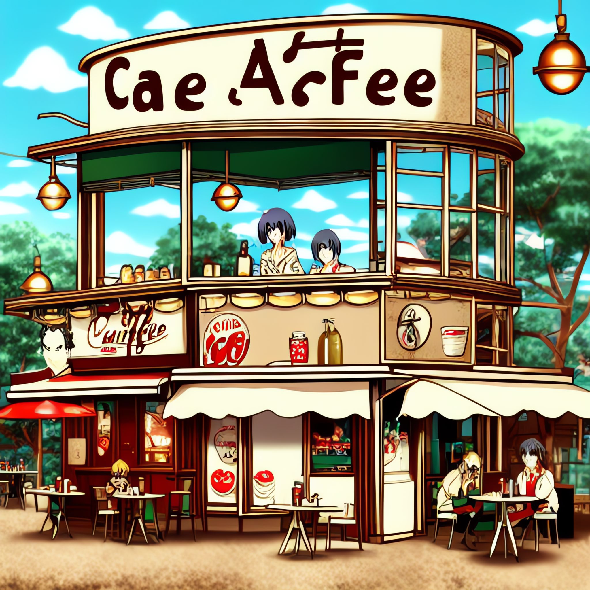 Anime-style illustration of a vintage cafe, 'Cafe Acfee,' with customers seated at outdoor tables.