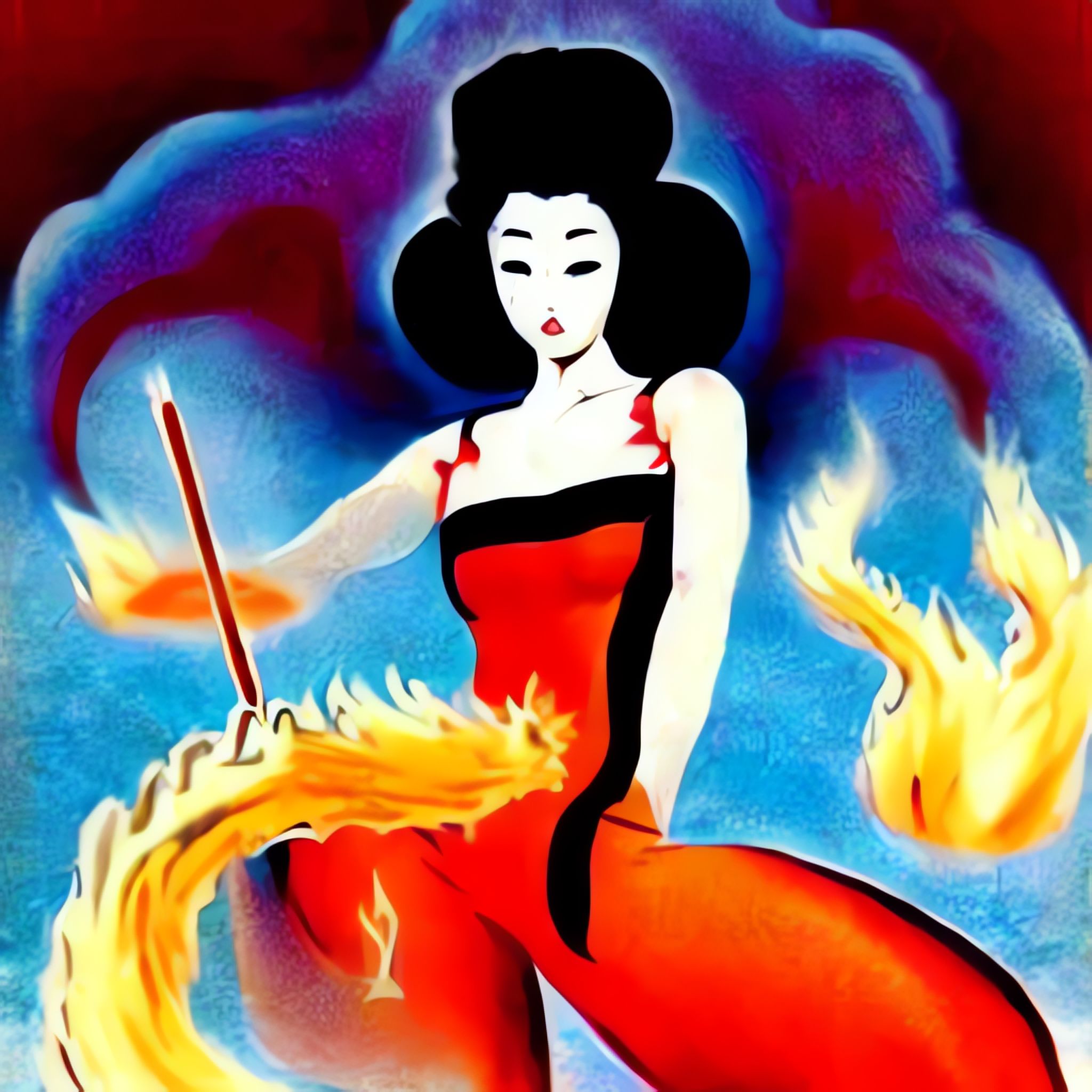 Vintage movie poster of a Japanese woman with fiery hair in a red dress.