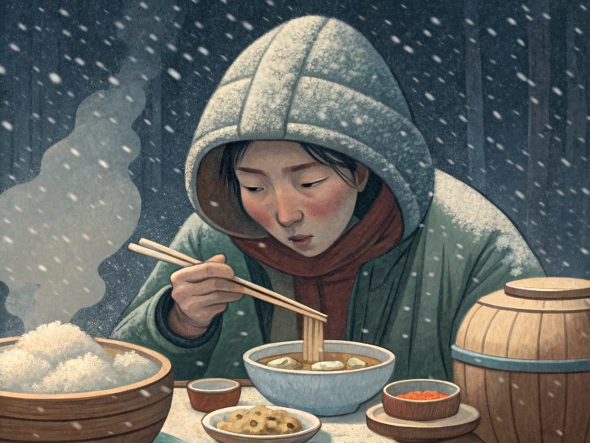Illustration of a person in winter clothing eating noodles in the snow.