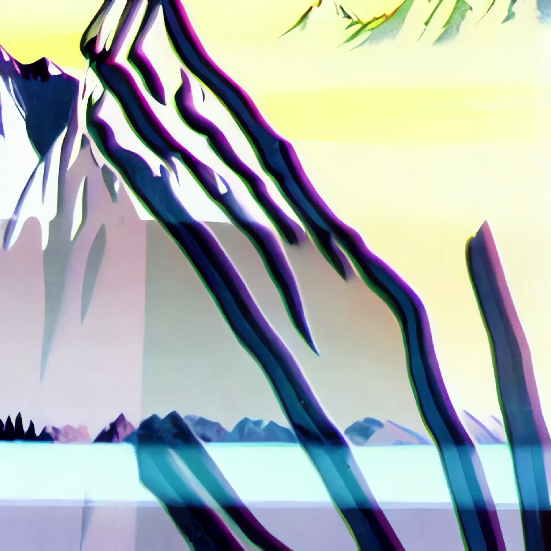 Abstract digital art depicting a stylized Swiss mountain landscape with purple and teal accents.