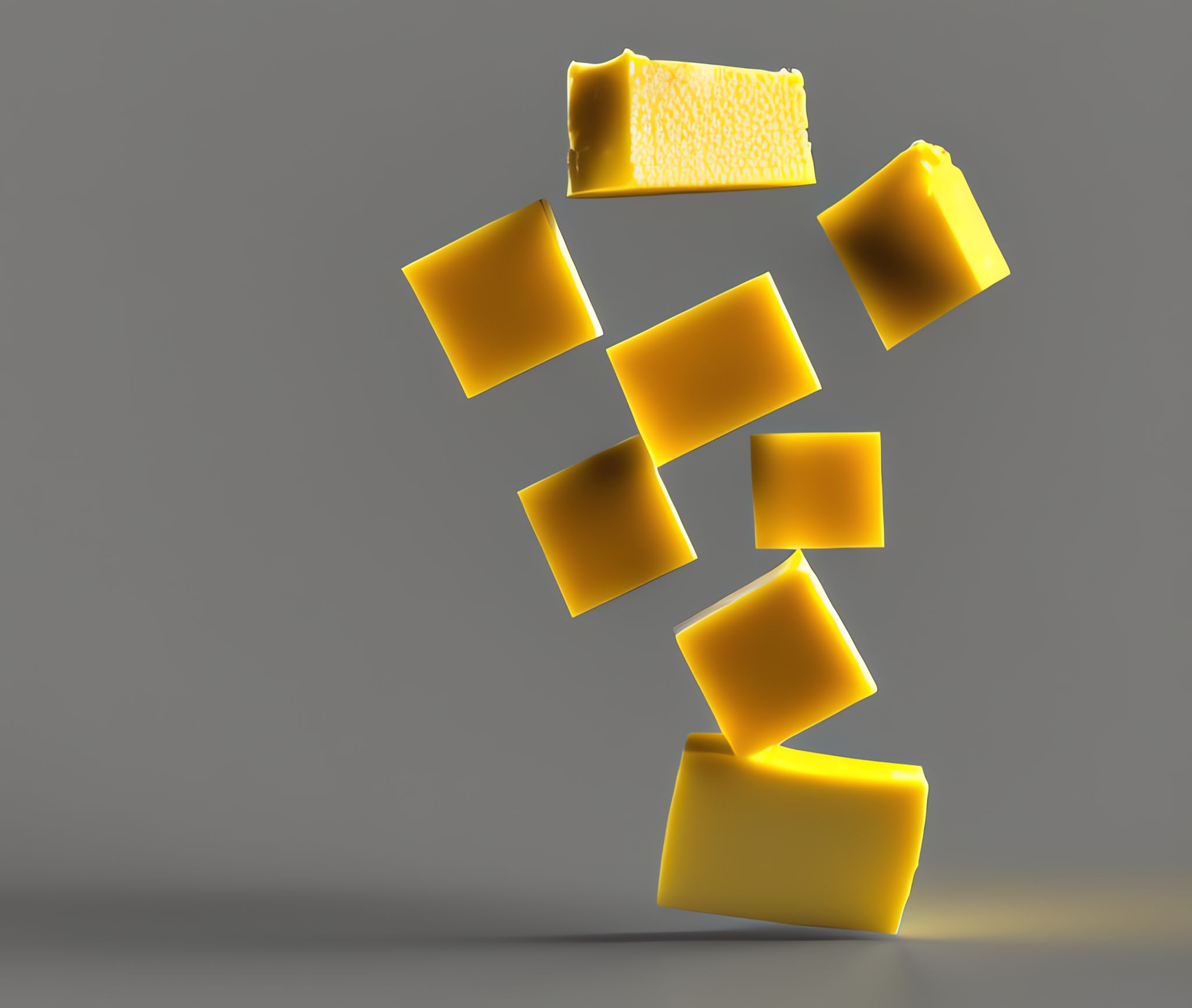 Multiple yellow cube shapes appear to float against a gray background.