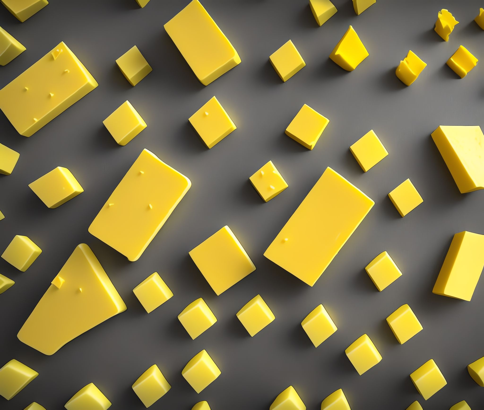 Scattered yellow cubes and rectangular shapes on a gray background.