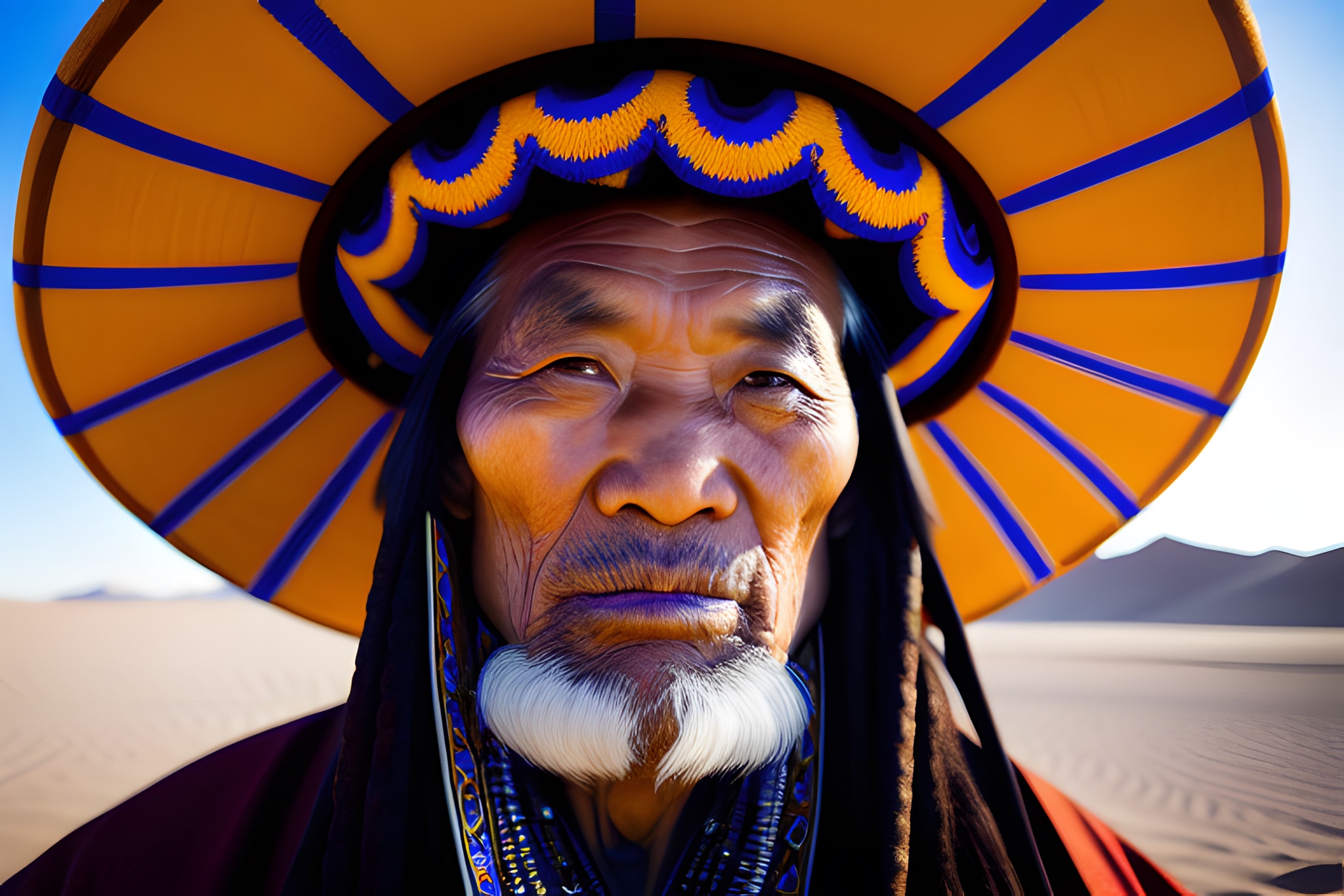 Close-up portrait of an old Mongolian shaman wearing a large, orange and blue hat.
