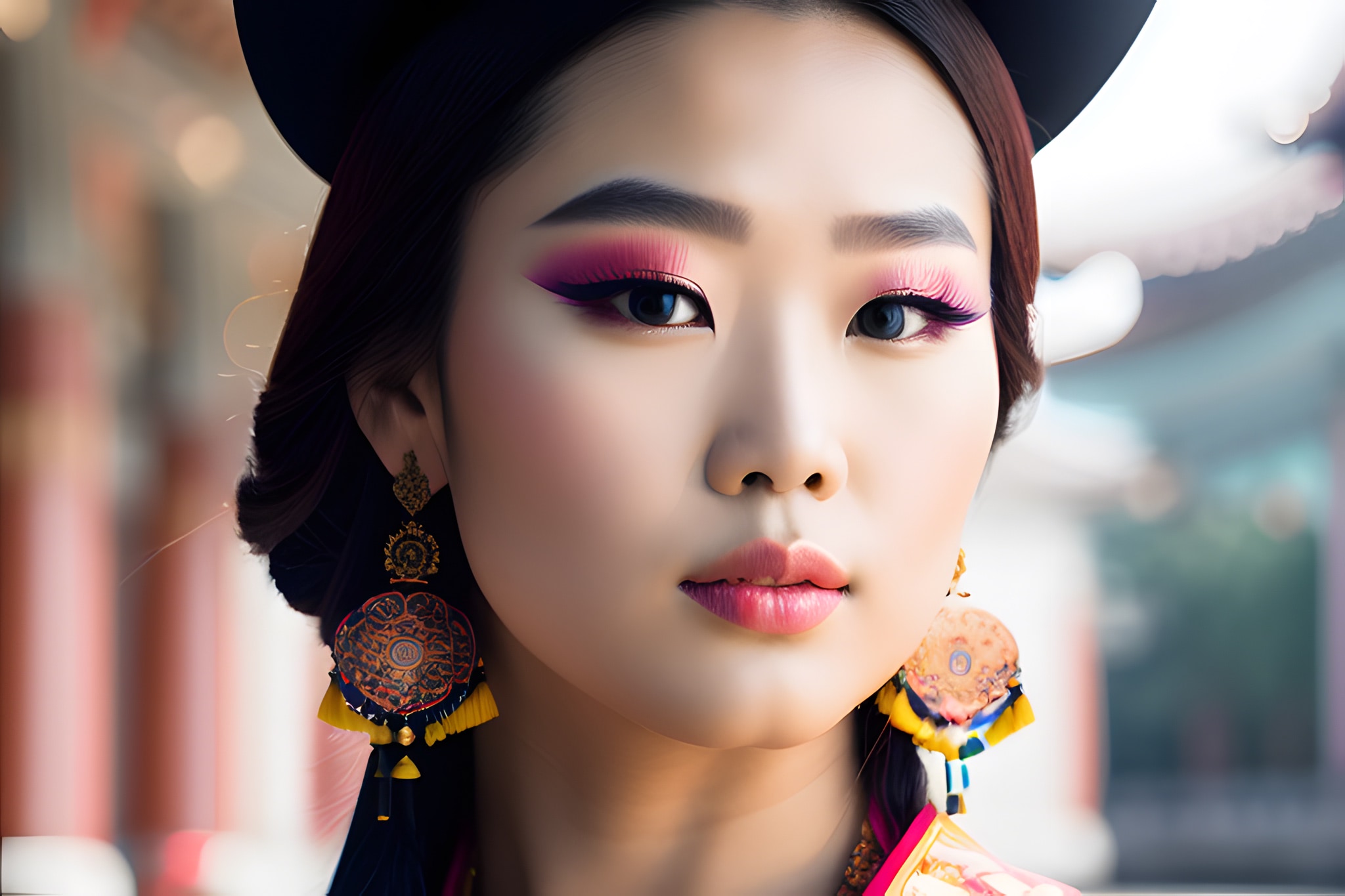 Close-up portrait of a young Korean shaman wearing traditional attire and ornate earrings.