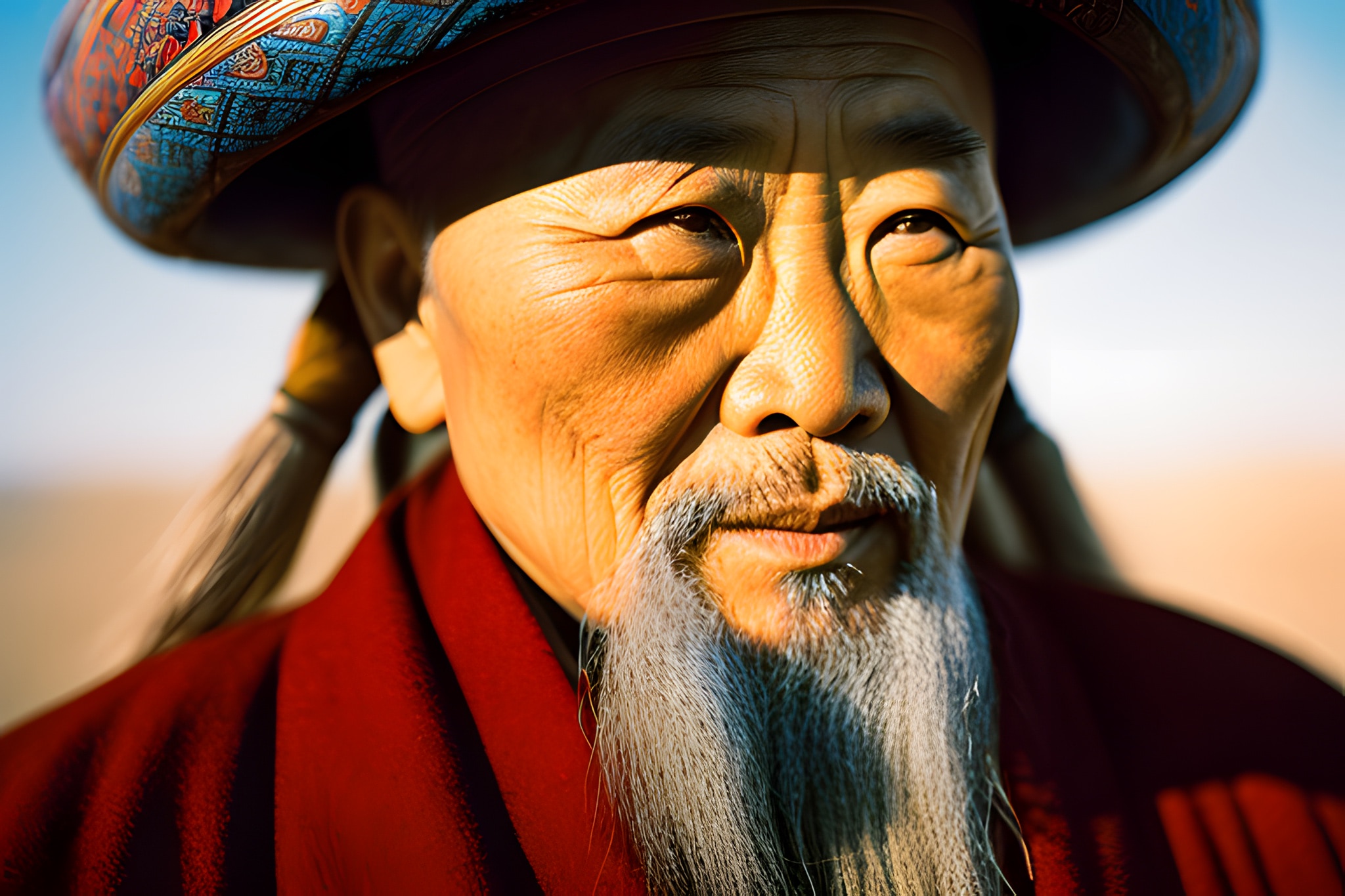 Close-up portrait of an elderly Mongolian shaman with a long white beard, wearing a traditional ornate hat and red robe.
