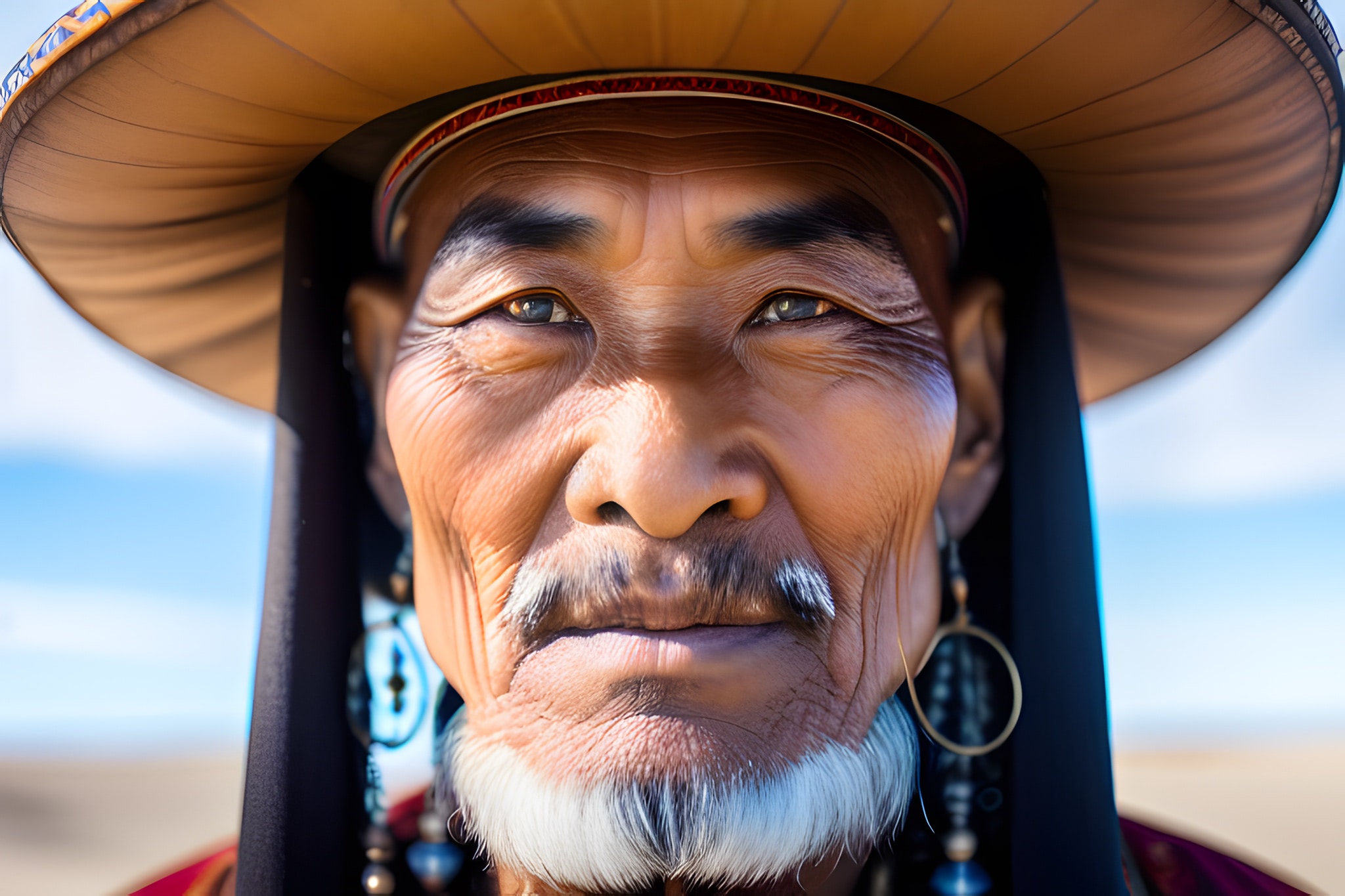 Close-up portrait of an elderly Mongolian shaman wearing a traditional hat and earrings.