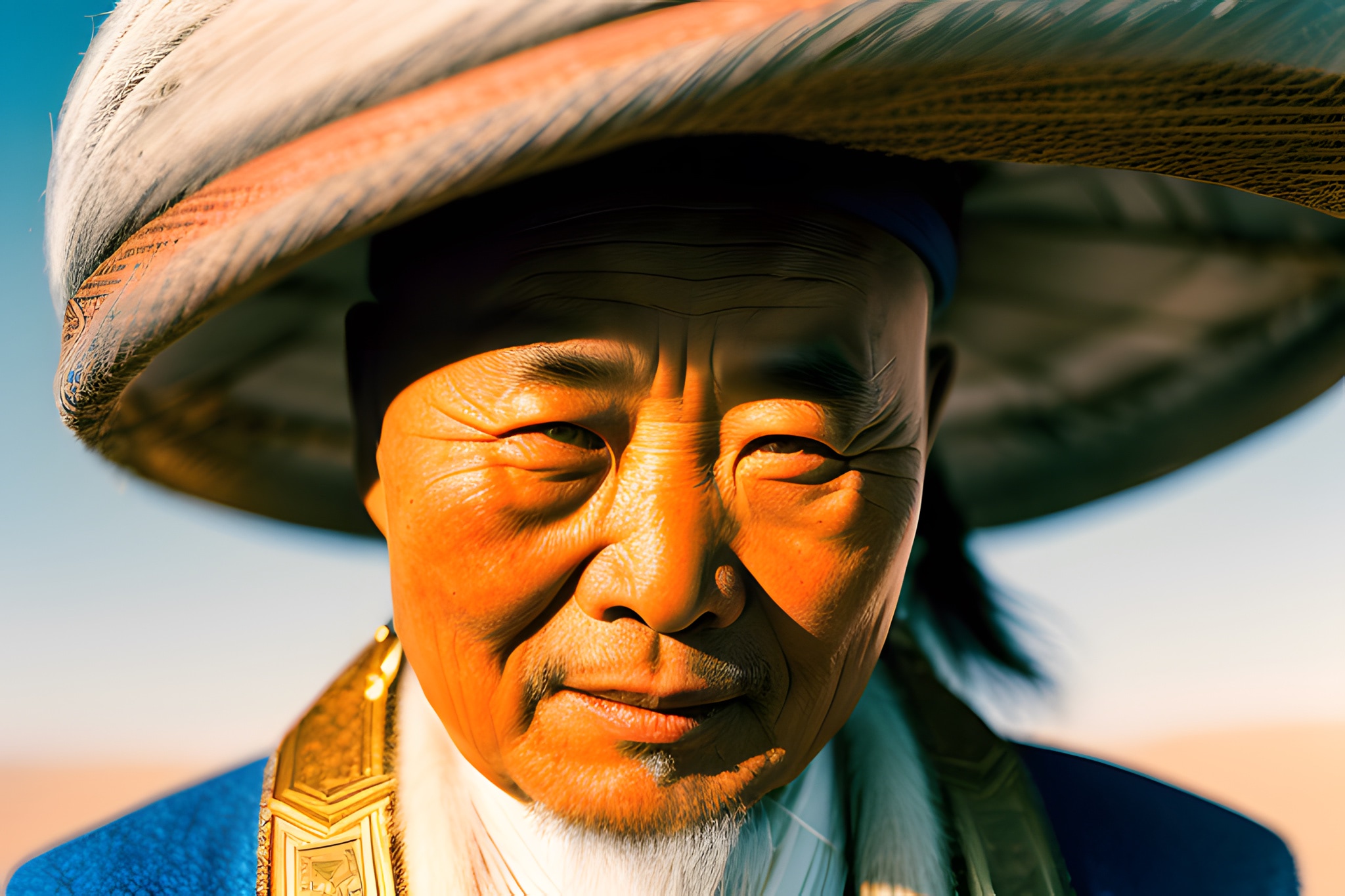 Close-up portrait of an elderly Mongolian shaman wearing a large, ornate hat.