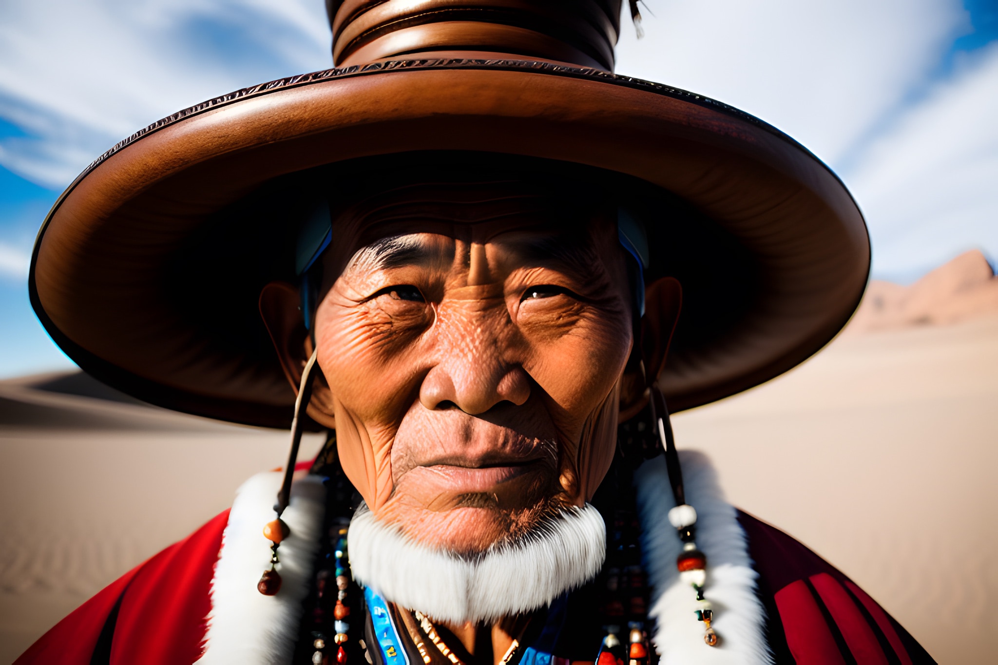 Close-up portrait of an elderly Mongolian shaman wearing a large brown hat and red robe.