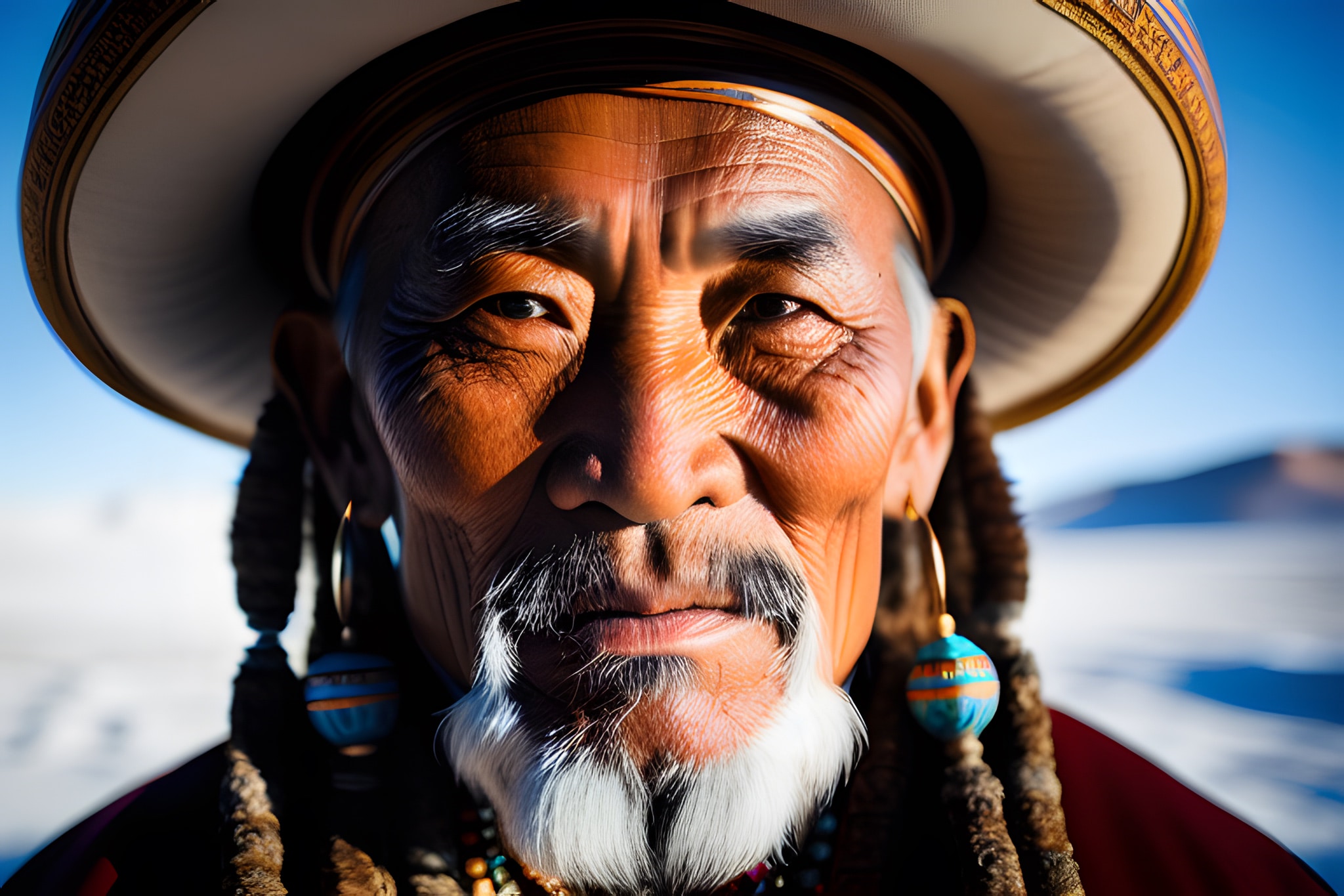 Close-up portrait of an elderly Mongolian shaman wearing a traditional hat and earrings.