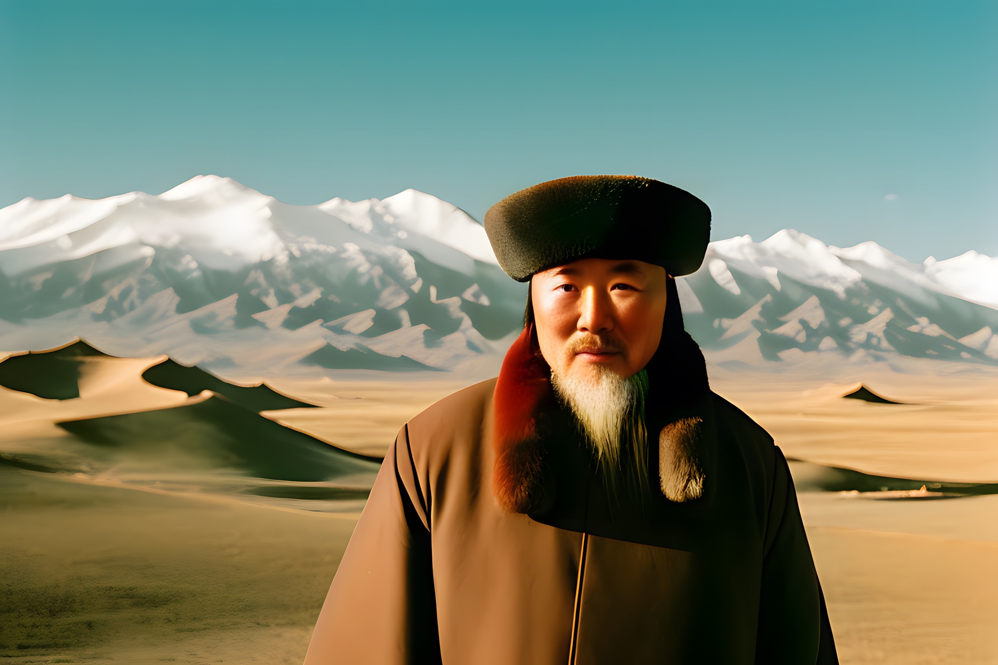 Portrait of an older Mongolian shaman in traditional attire against a desert landscape with snow-capped mountains in the background.