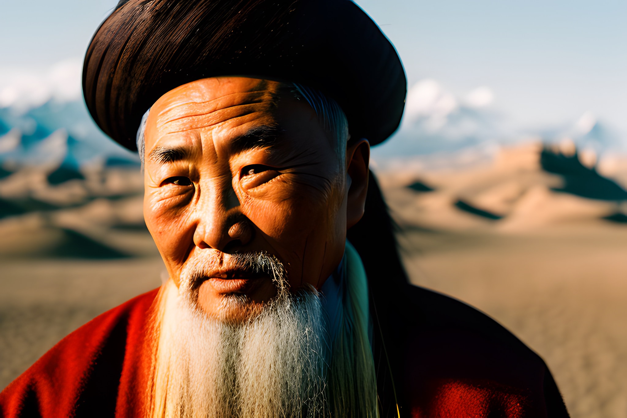 Portrait of an elderly Mongolian shaman with a long white beard, wearing a dark hat and red robe, against a blurred desert background.