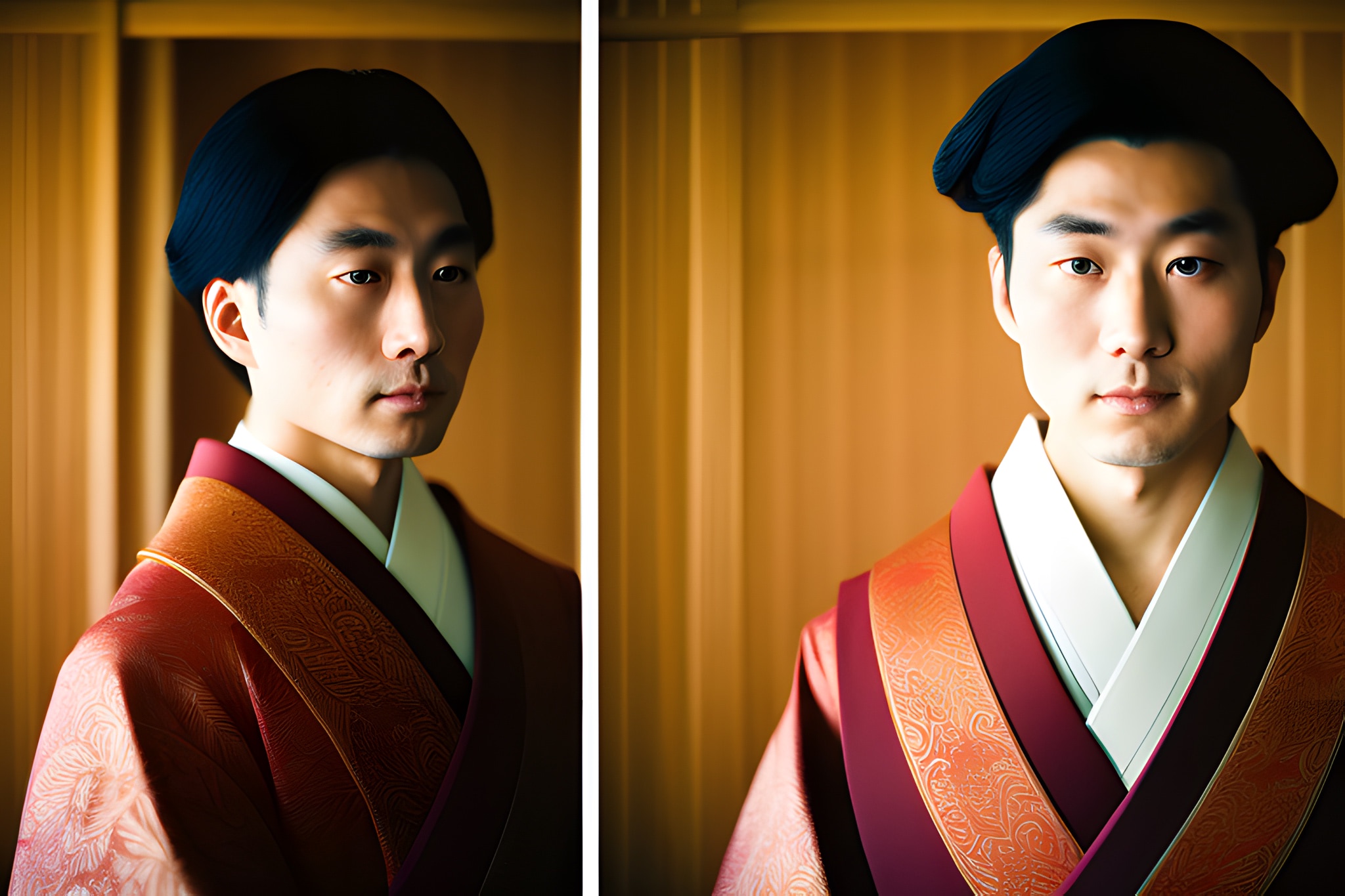 Portrait of a young Japanese man in traditional ornate red and gold clothing.