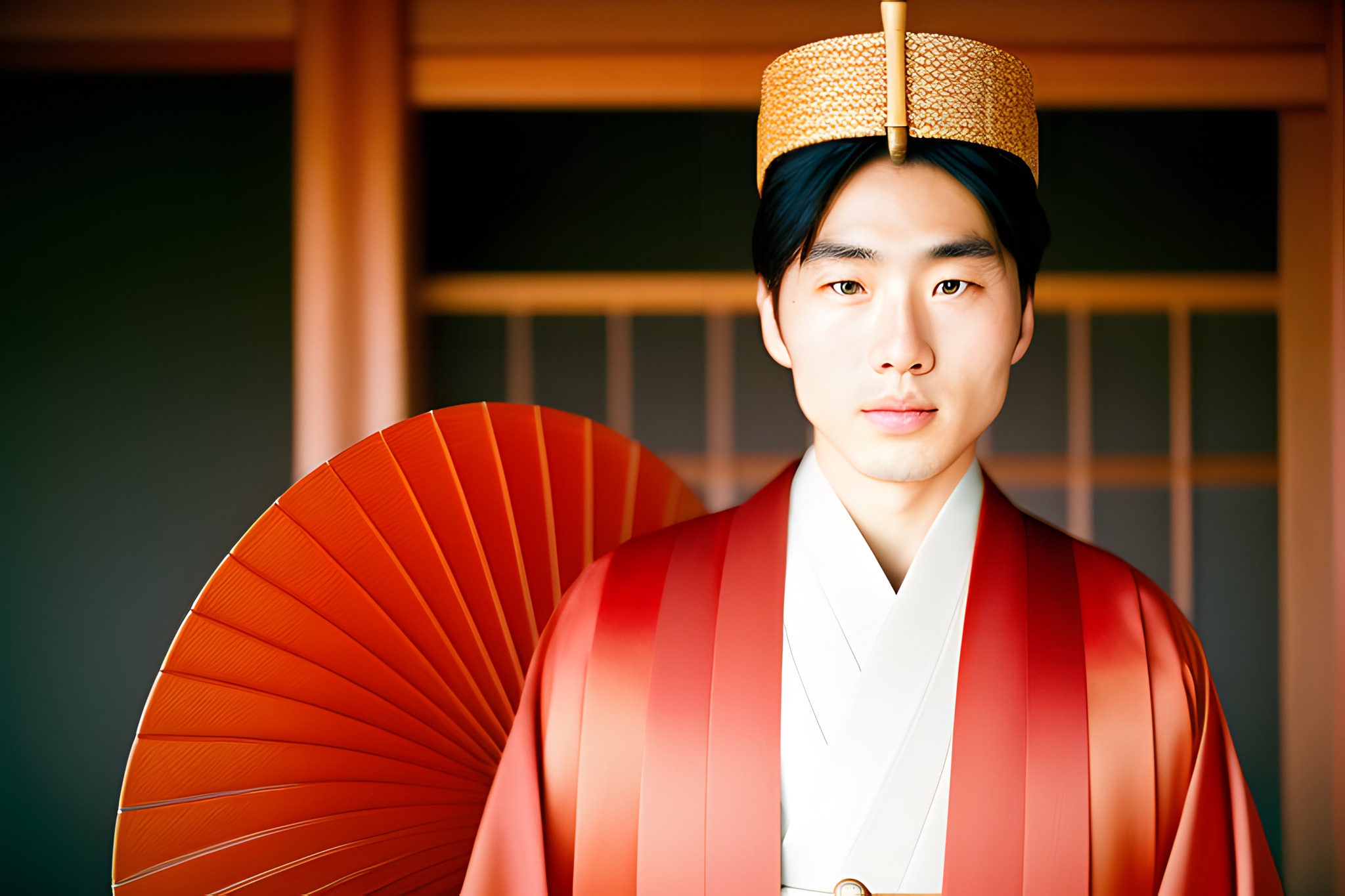 Portrait of a young Japanese man in traditional red robes and headdress, holding an orange fan.