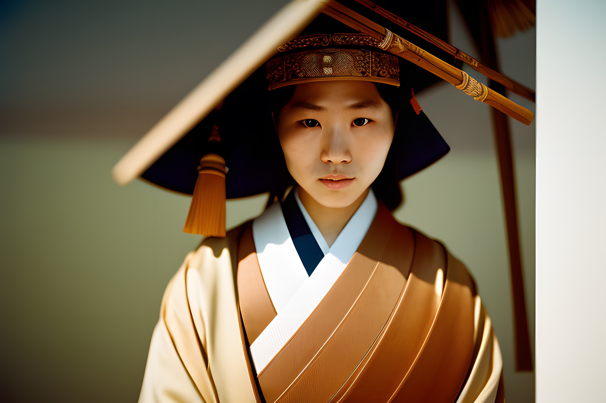 Portrait of a young Japanese shaman wearing a traditional brown robe and hat.