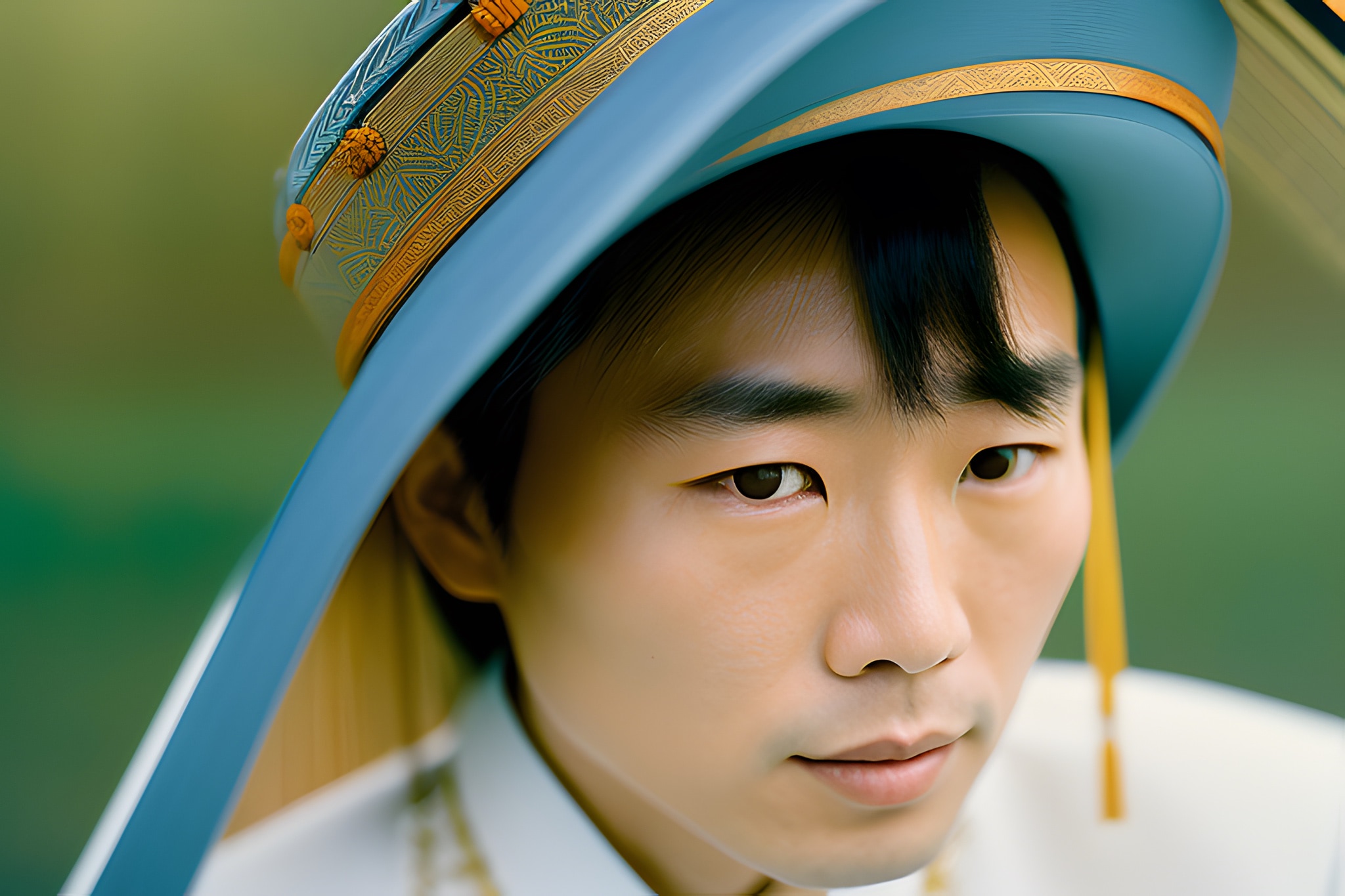 Close-up portrait of a young Japanese shaman wearing a large, ornate blue hat.