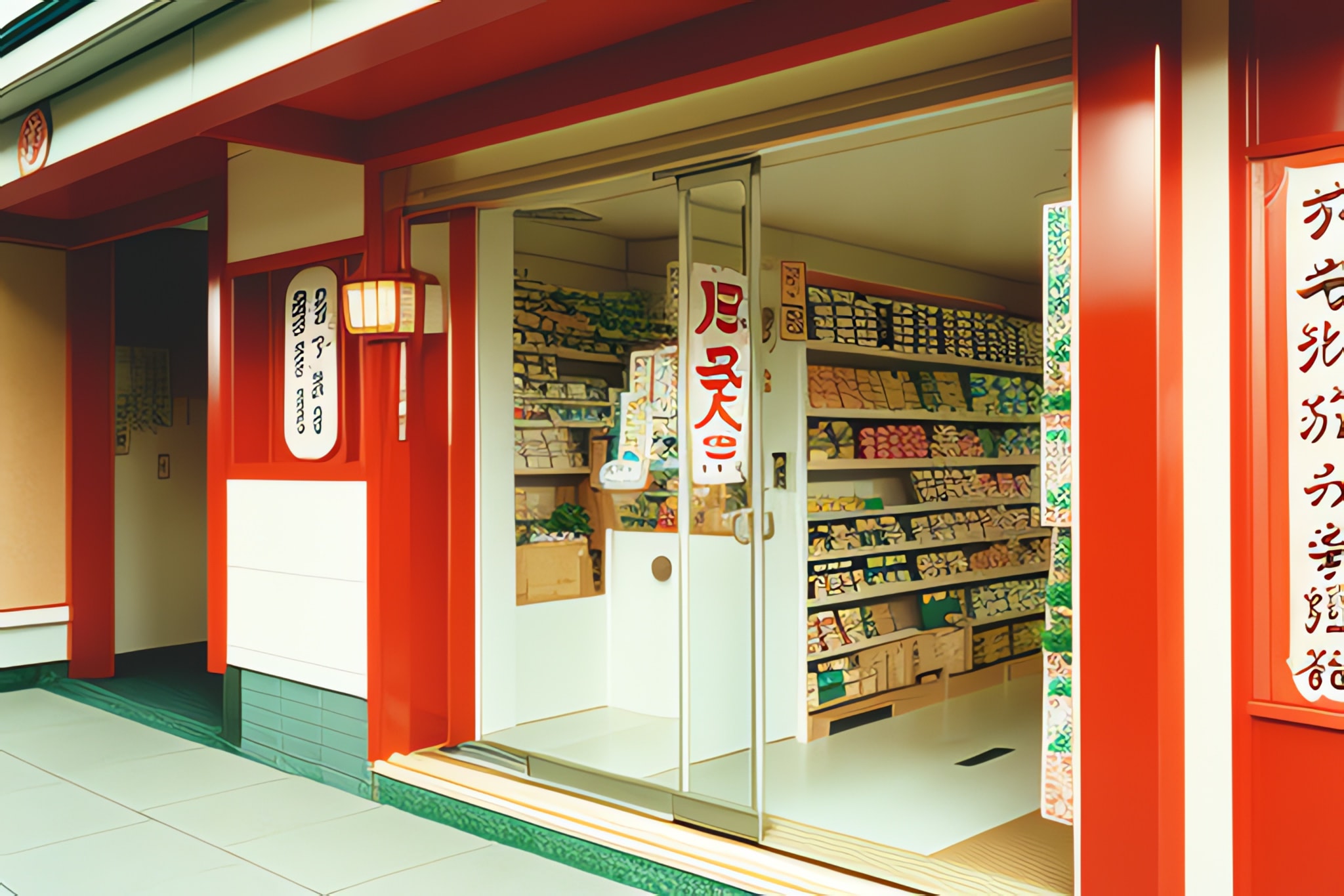 Wide shot of a Japanese convenience store's exterior and interior, showing shelves stocked with various goods.