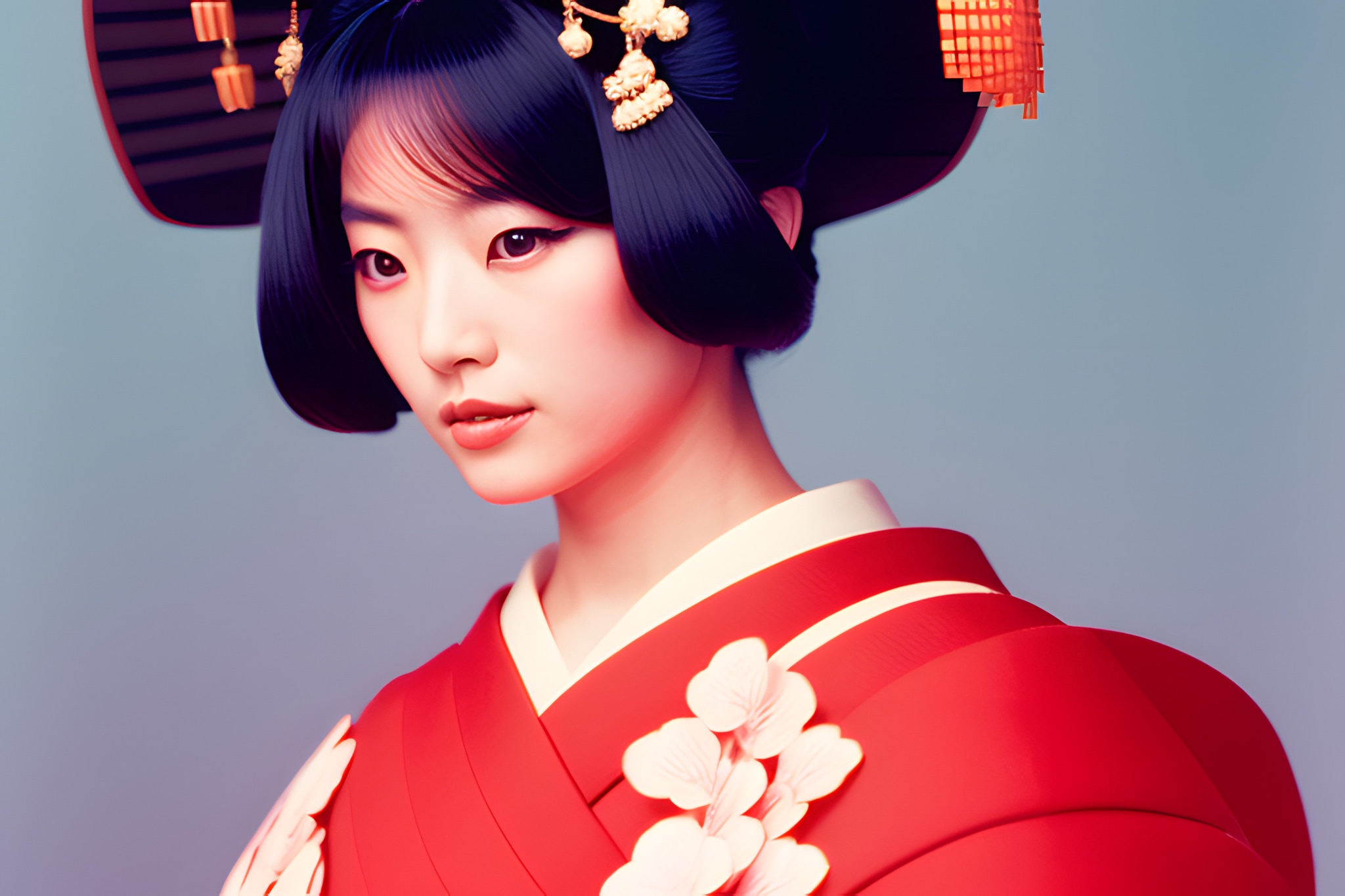 Geisha in red kimono, close-up portrait.