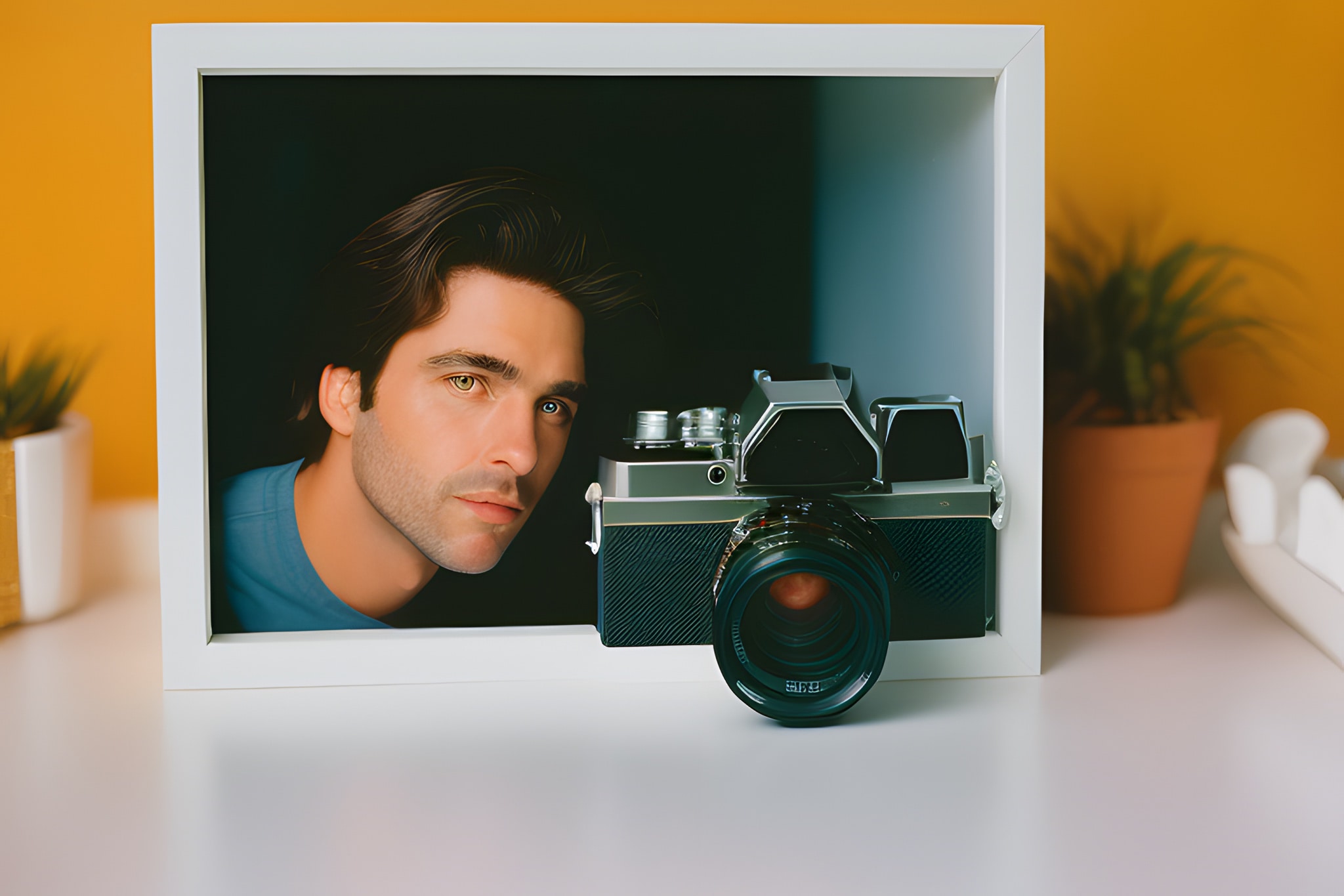 Framed photo of a man and a 35mm film camera.