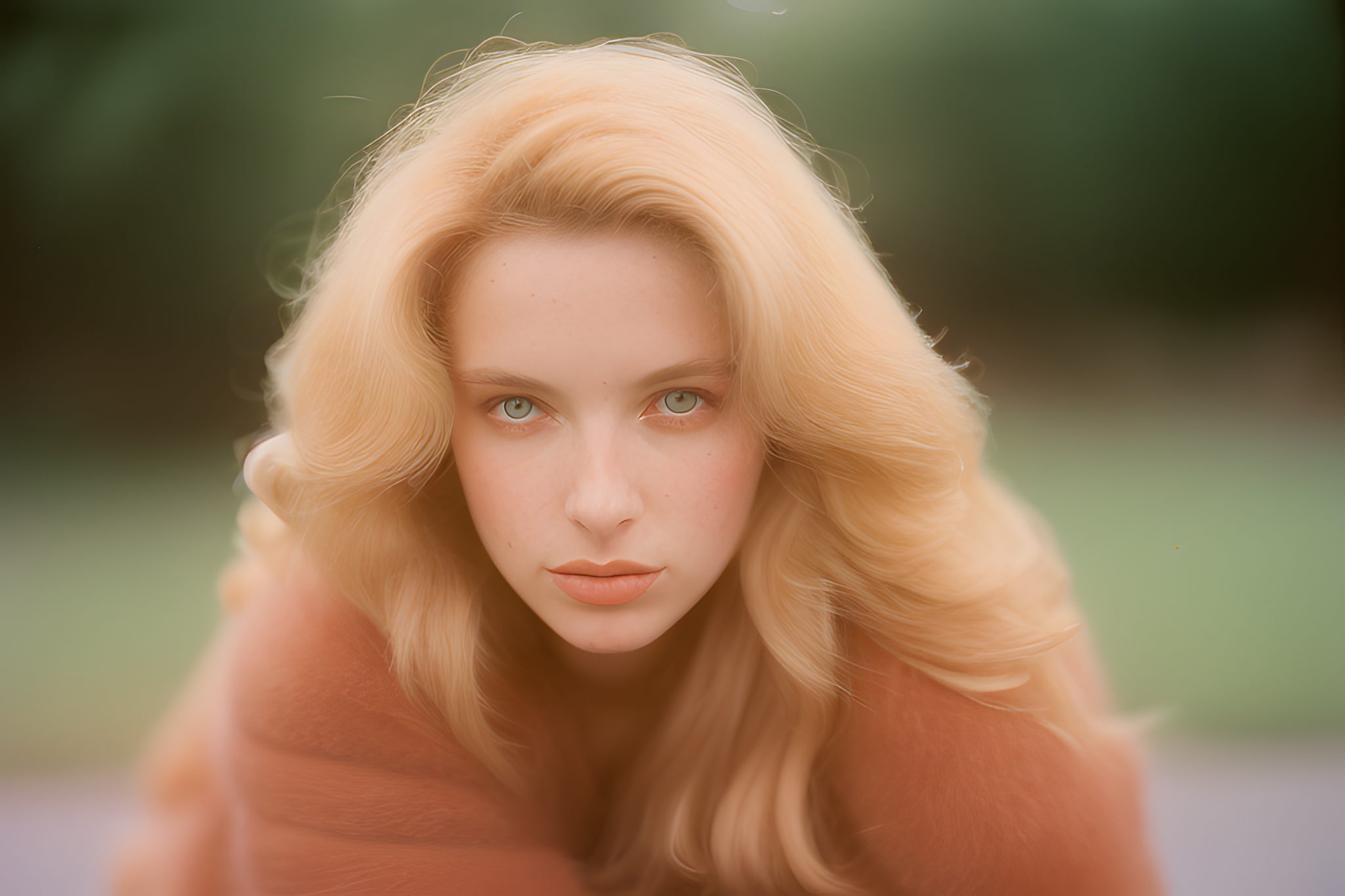 Close-up portrait of a blonde woman with light green eyes.