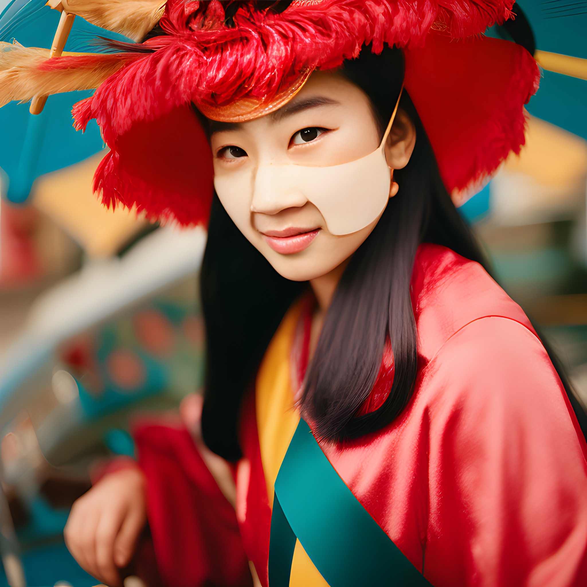 Portrait of a young Asian woman wearing a red feathered headdress and a red and teal hanbok.