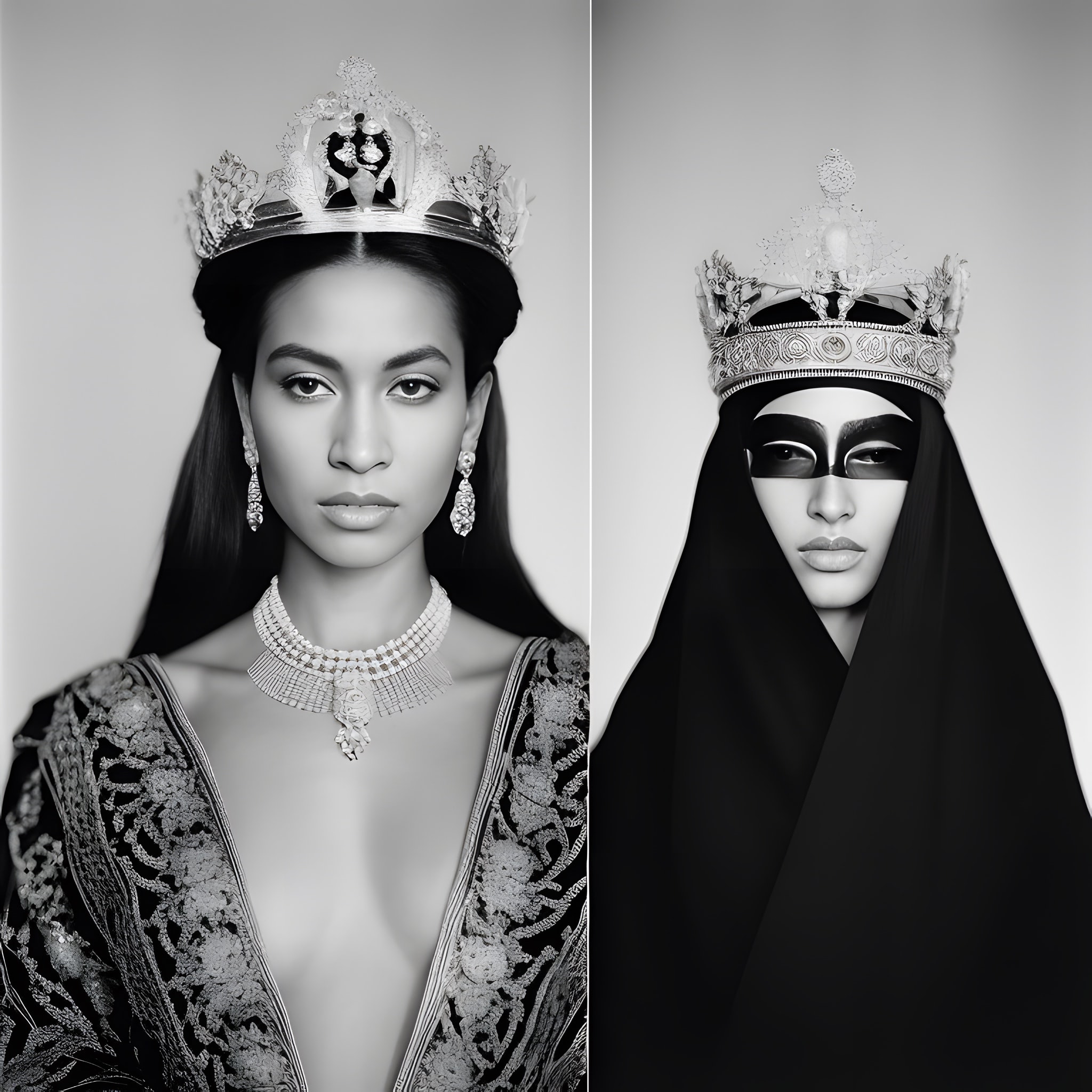 Black and white diptych portrait of two queens, one in an ornate crown and jeweled gown, the other veiled and crowned, wearing a mask.