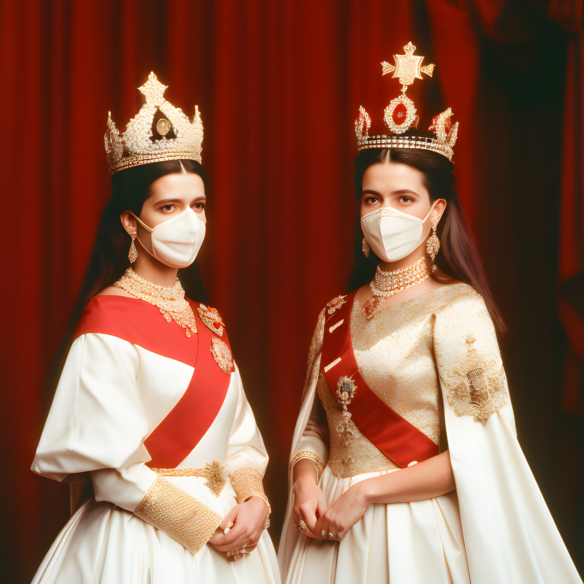 Two queens wearing ornate gowns, crowns, and face masks.