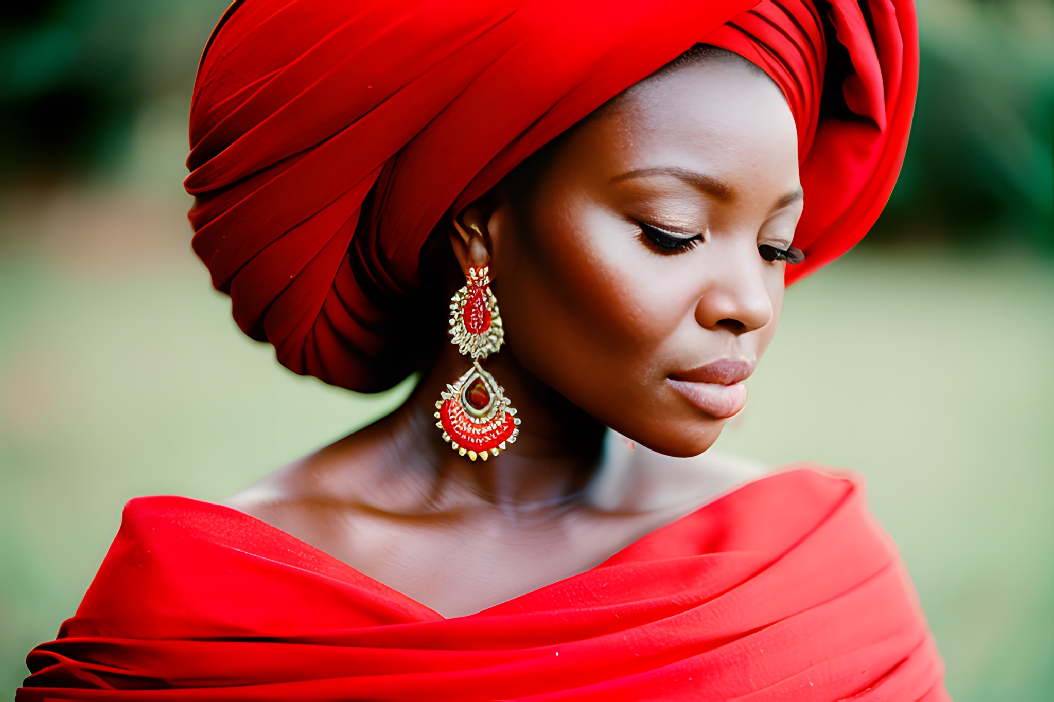 Close-up portrait of a Black woman wearing a red headwrap and matching dress, adorned with large red and gold earrings.