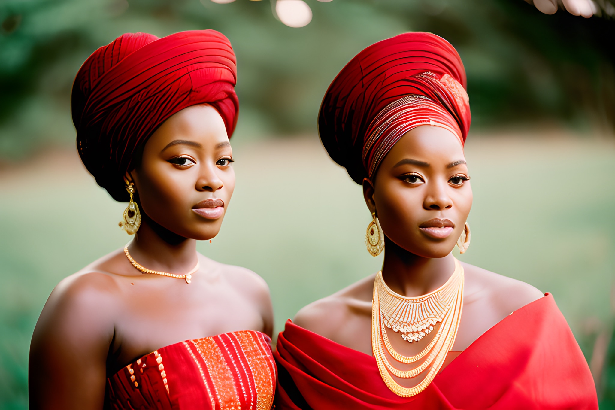 Two African women in red headwraps and dresses, wearing gold jewelry.