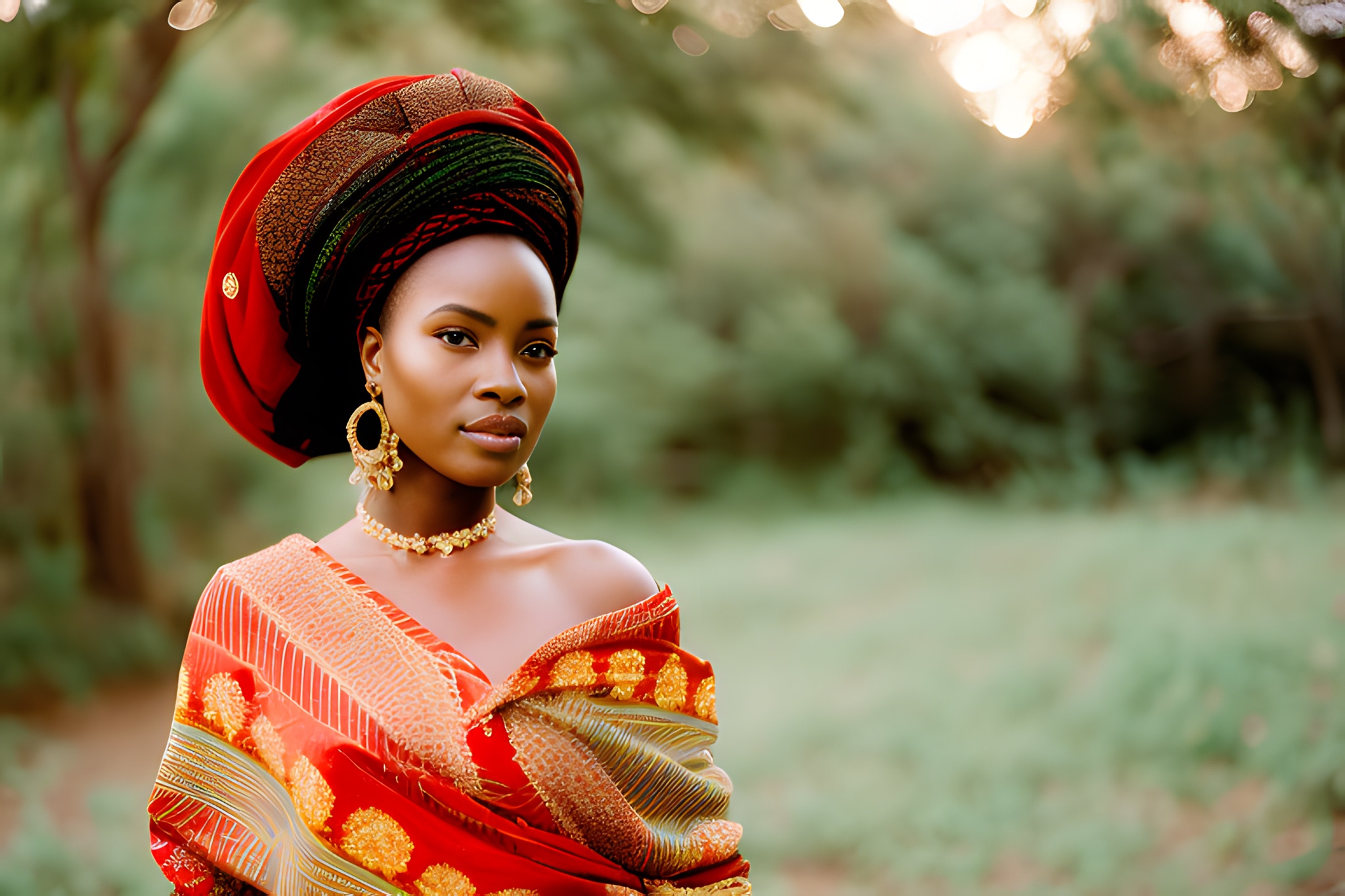 Portrait of a Black woman wearing a red headwrap and matching dress with gold accents.