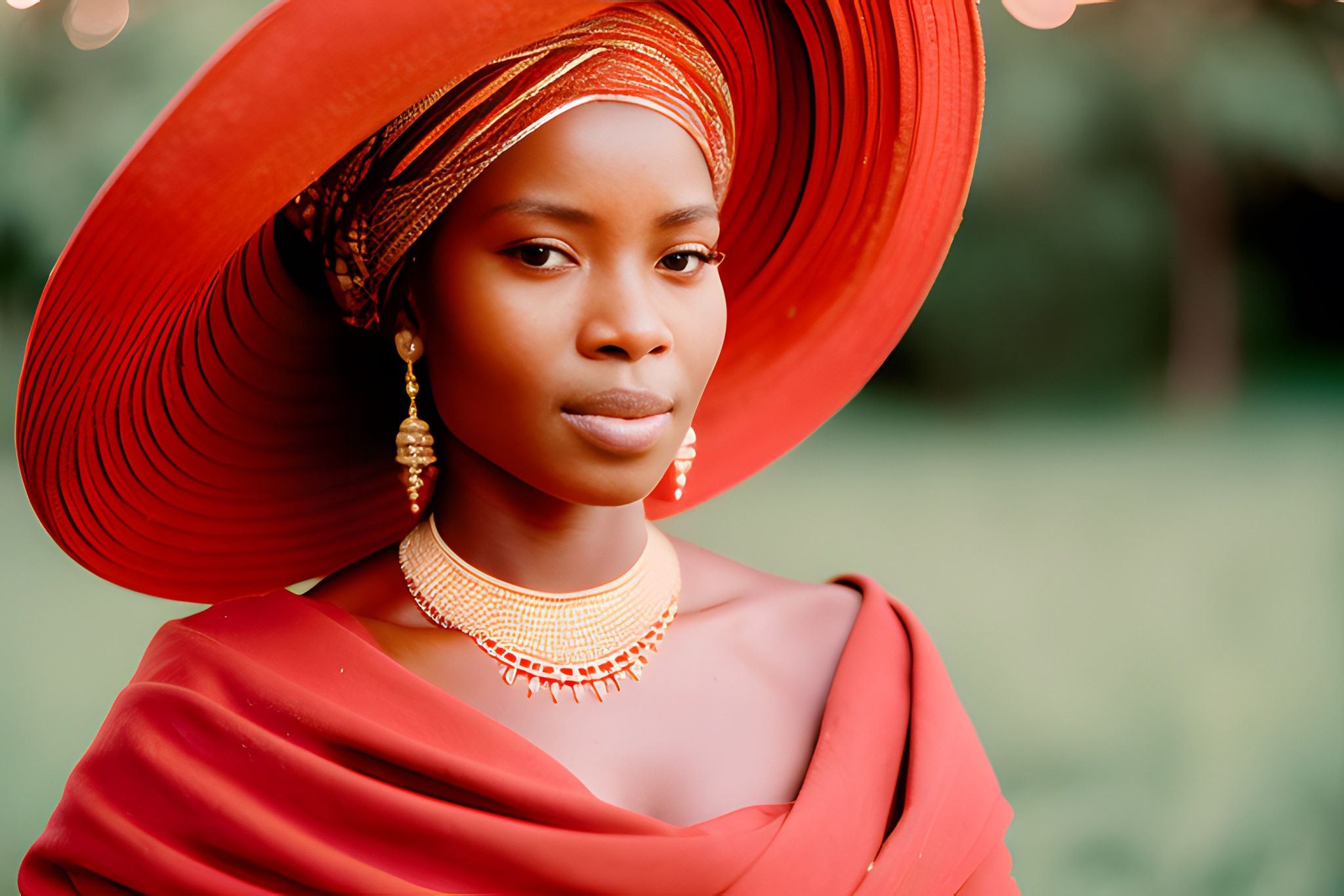 Portrait of a Black woman wearing a large red hat and matching dress, gold jewelry, and headwrap.