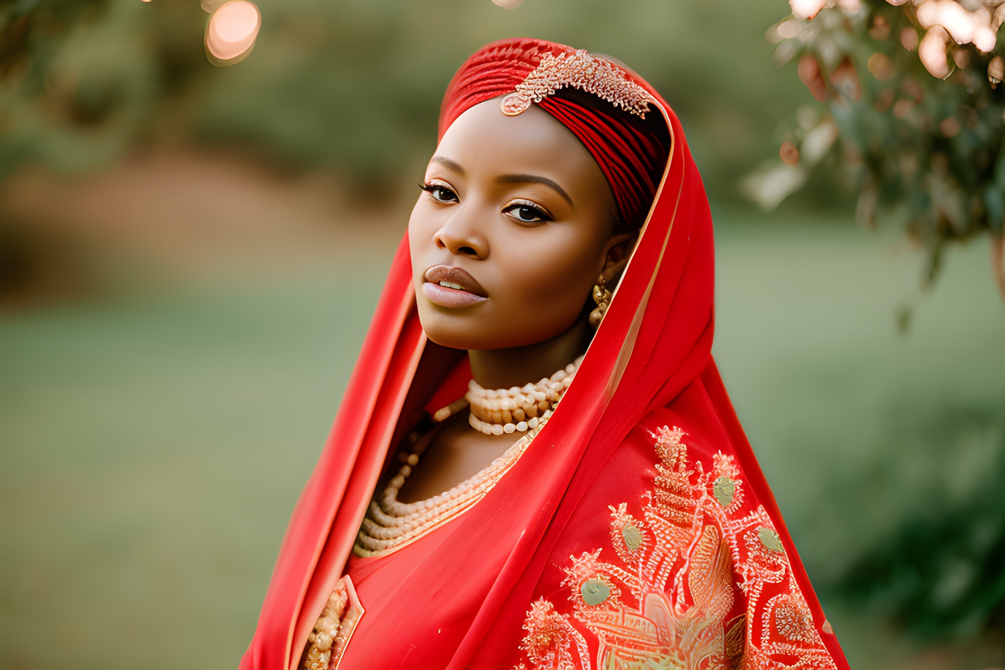 Portrait of a Black woman in a red headscarf and ornate red garment.