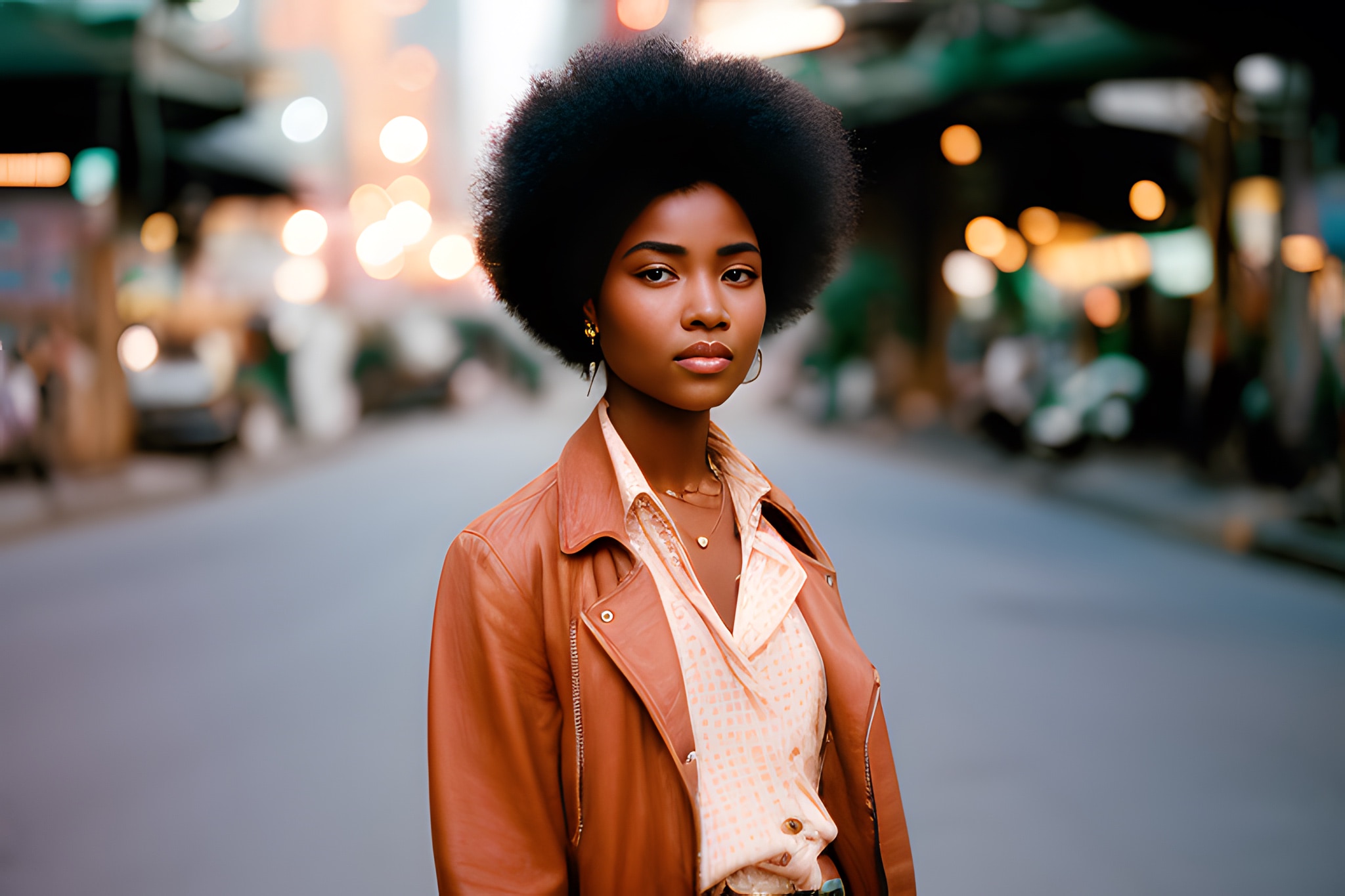 Portrait of a young Black woman with an afro, wearing a brown leather jacket.