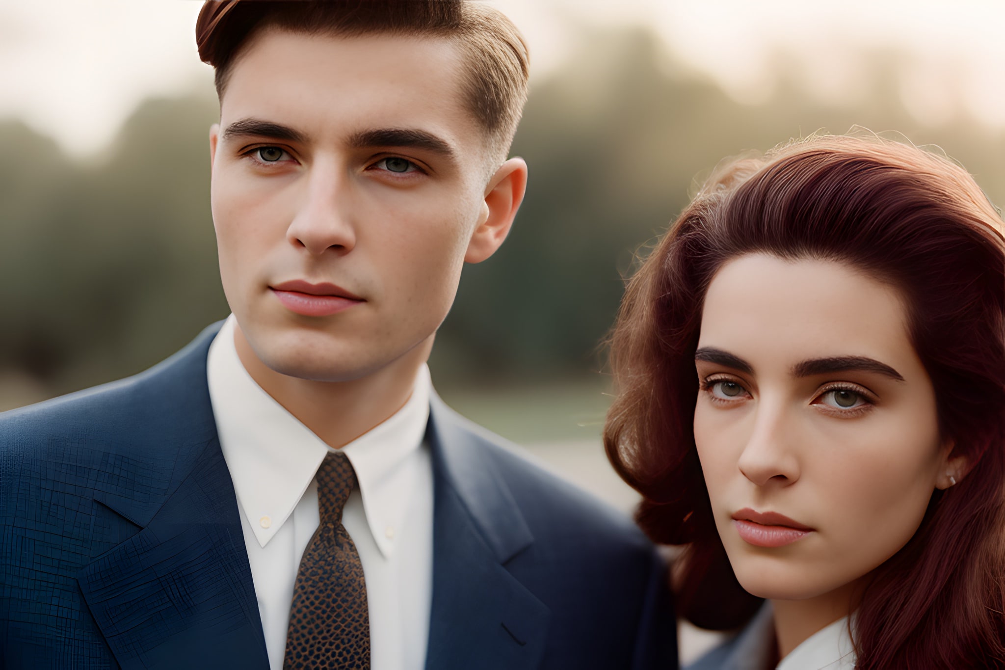 Close-up portrait of a young man in a suit and a young woman with long auburn hair.