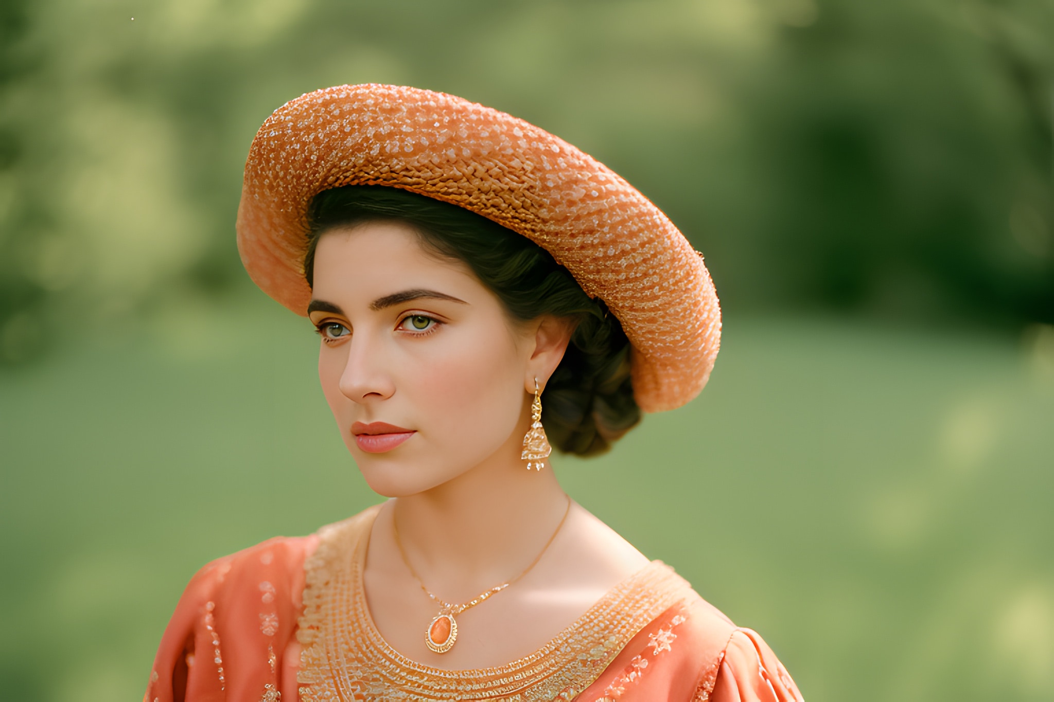 Portrait of a woman in a peach dress and large straw hat.