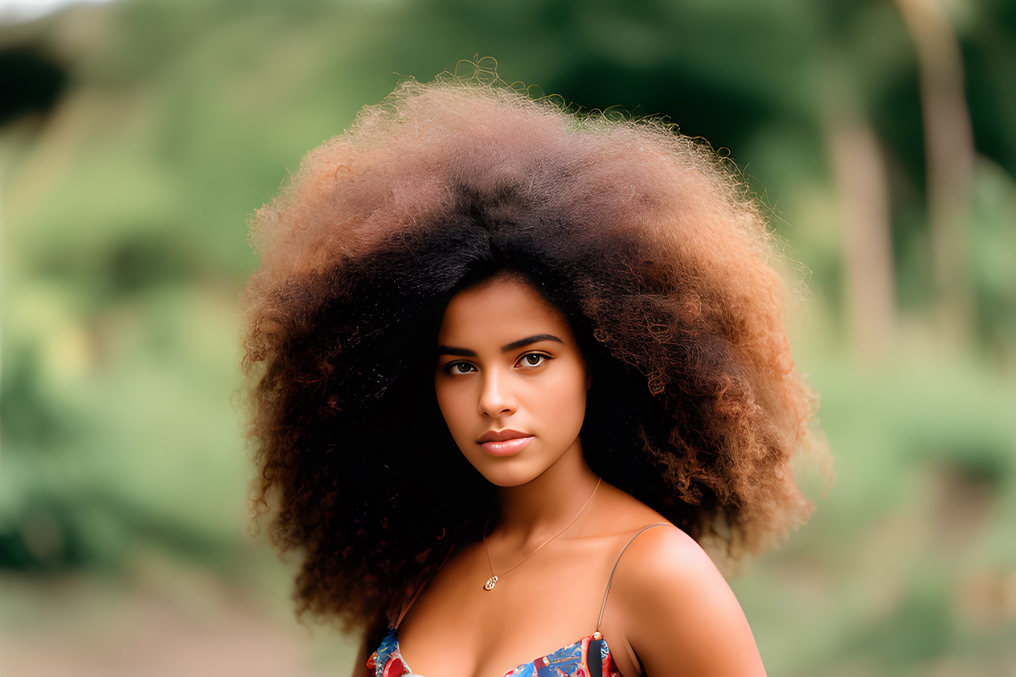 Portrait of a young woman with a large afro.