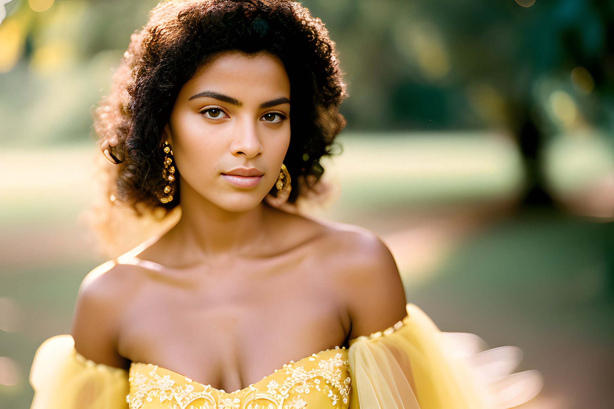 Portrait of a young Black woman with curly hair, wearing a yellow off-the-shoulder gown and gold earrings.