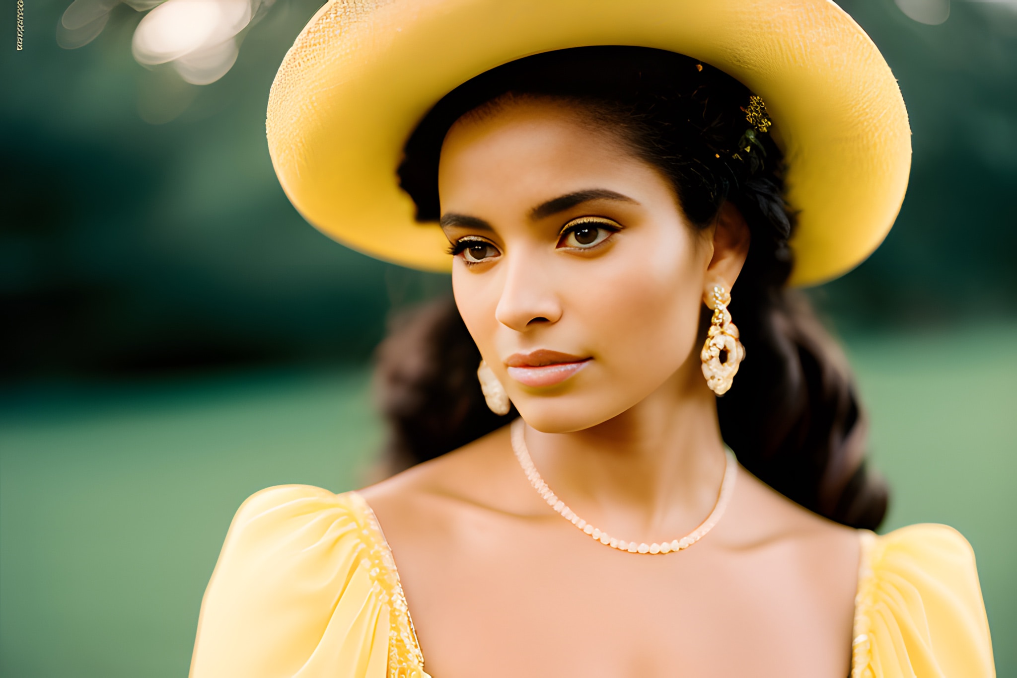 Close-up portrait of a woman wearing a yellow dress and hat.
