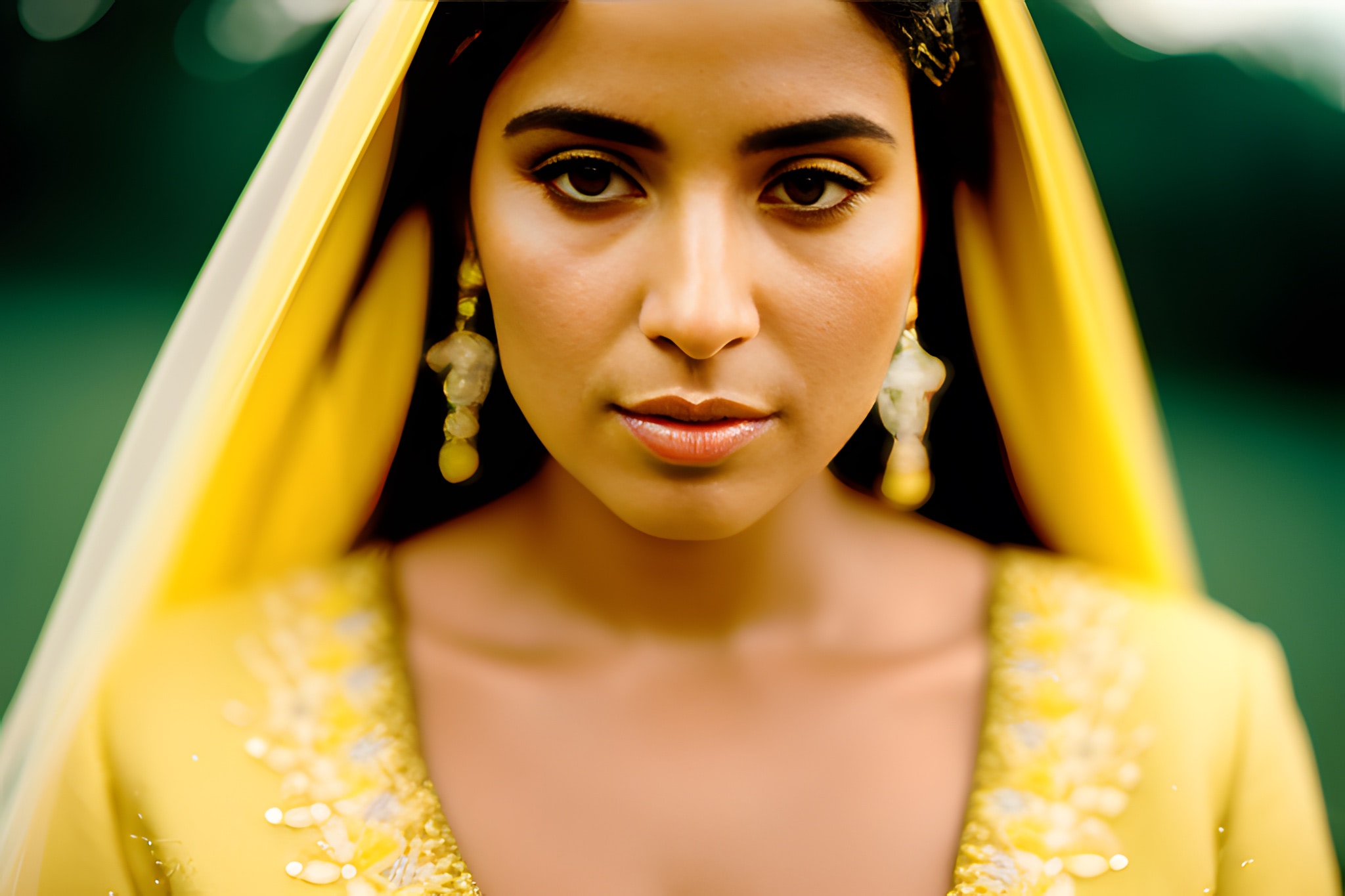 Close-up portrait of a woman in a yellow headscarf and dress.