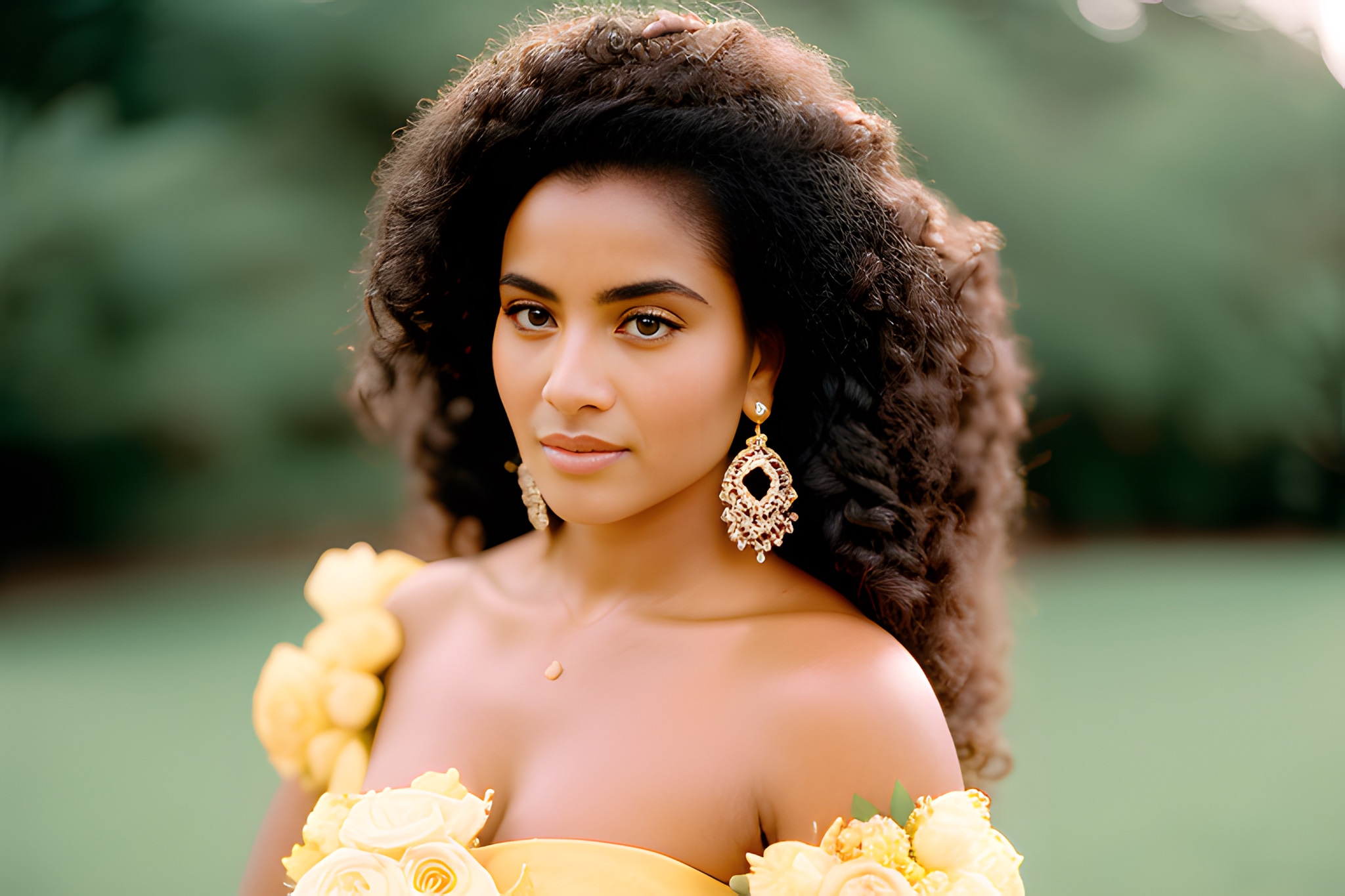 Portrait of a woman with long curly hair, wearing a yellow off-the-shoulder dress and large earrings.