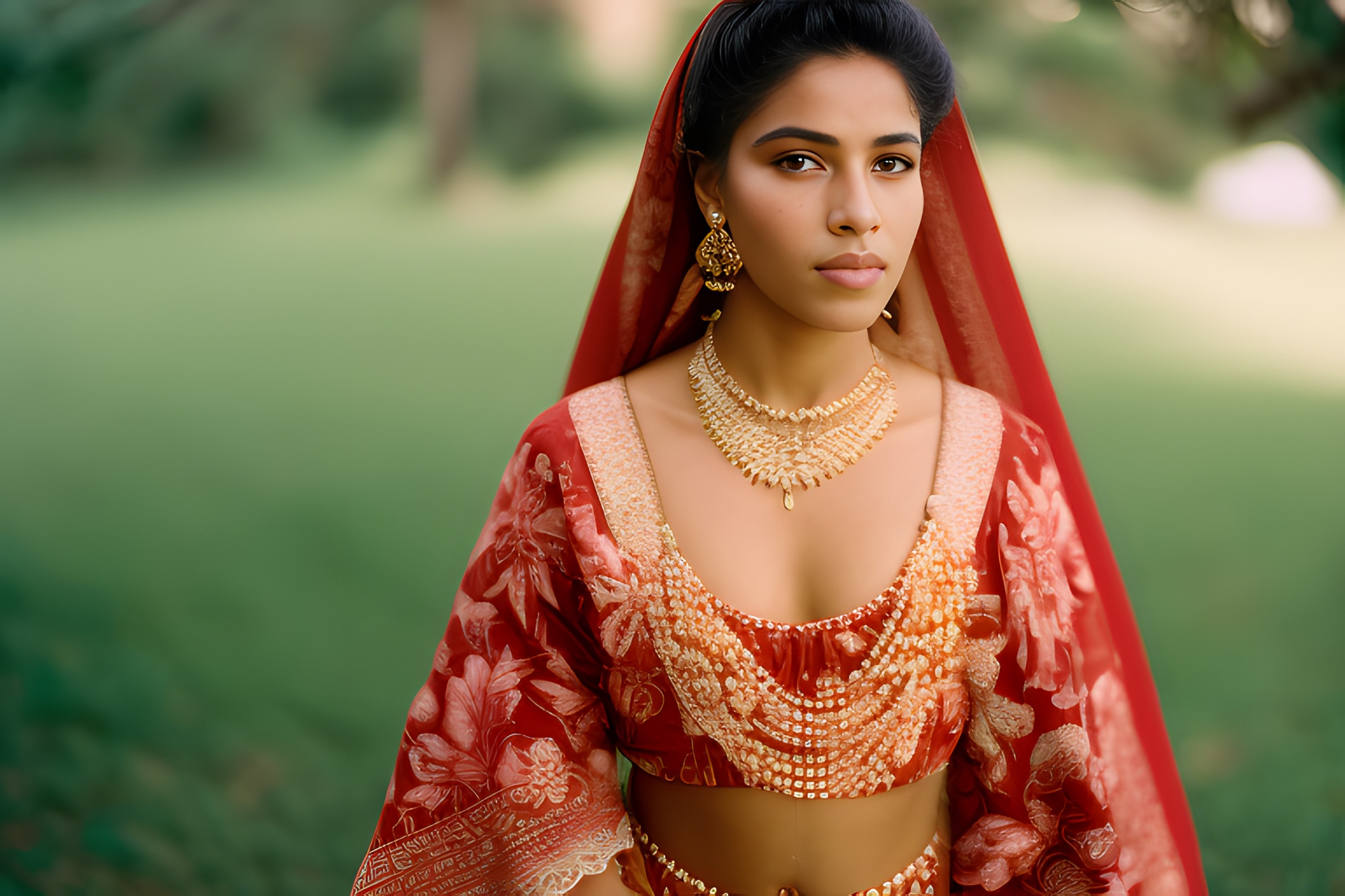 Portrait of a woman in a red floral sari and gold jewelry.