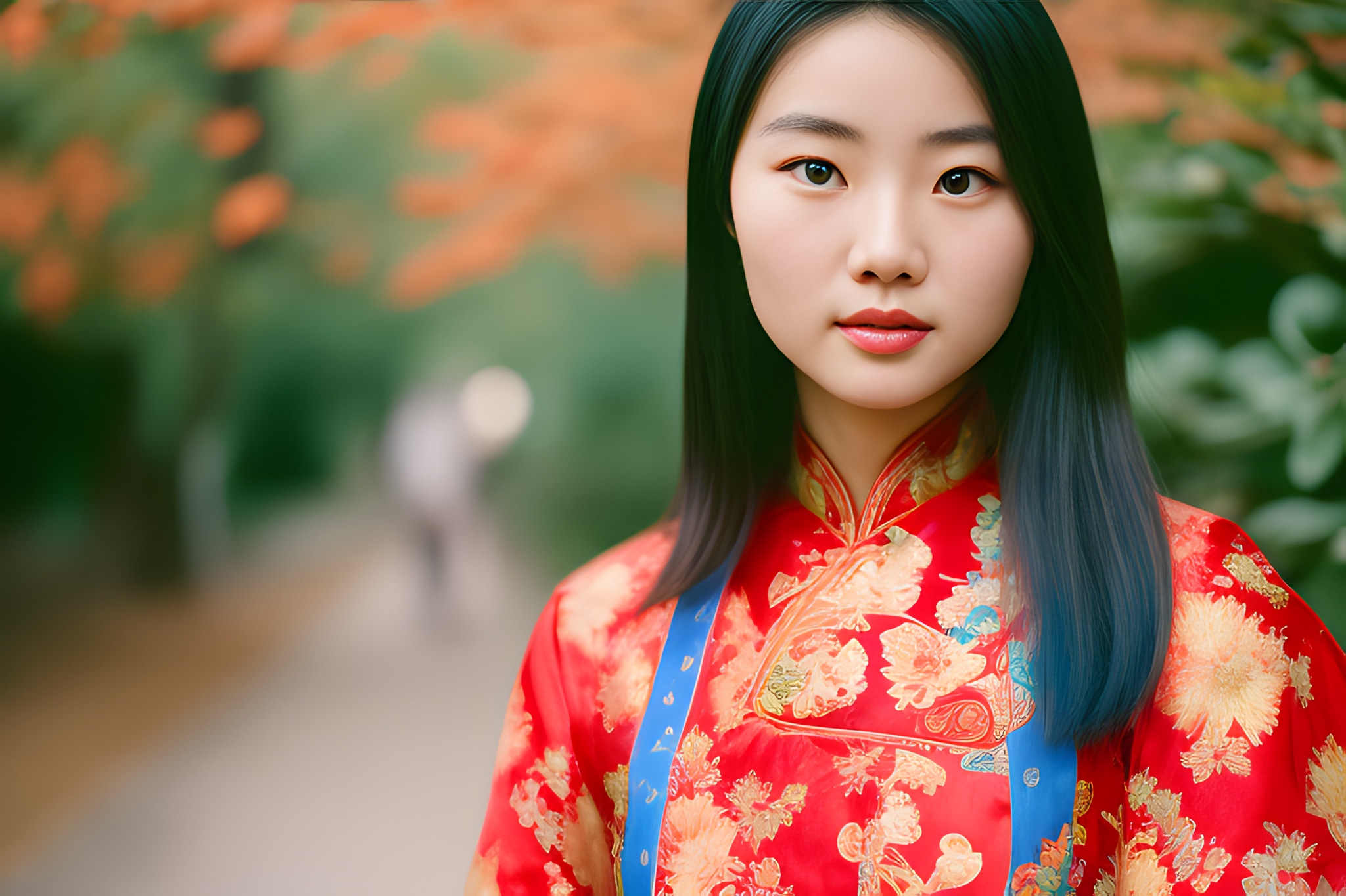 Portrait of a young Chinese woman in a red floral qipao.