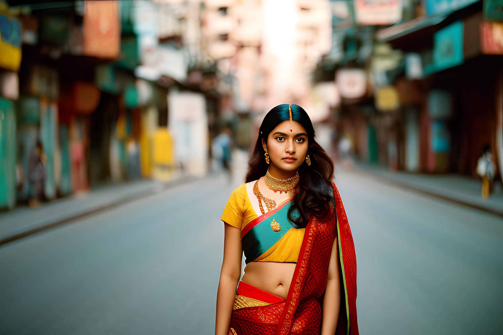 Portrait of a young Indian woman in a red and gold sari, standing on a city street.