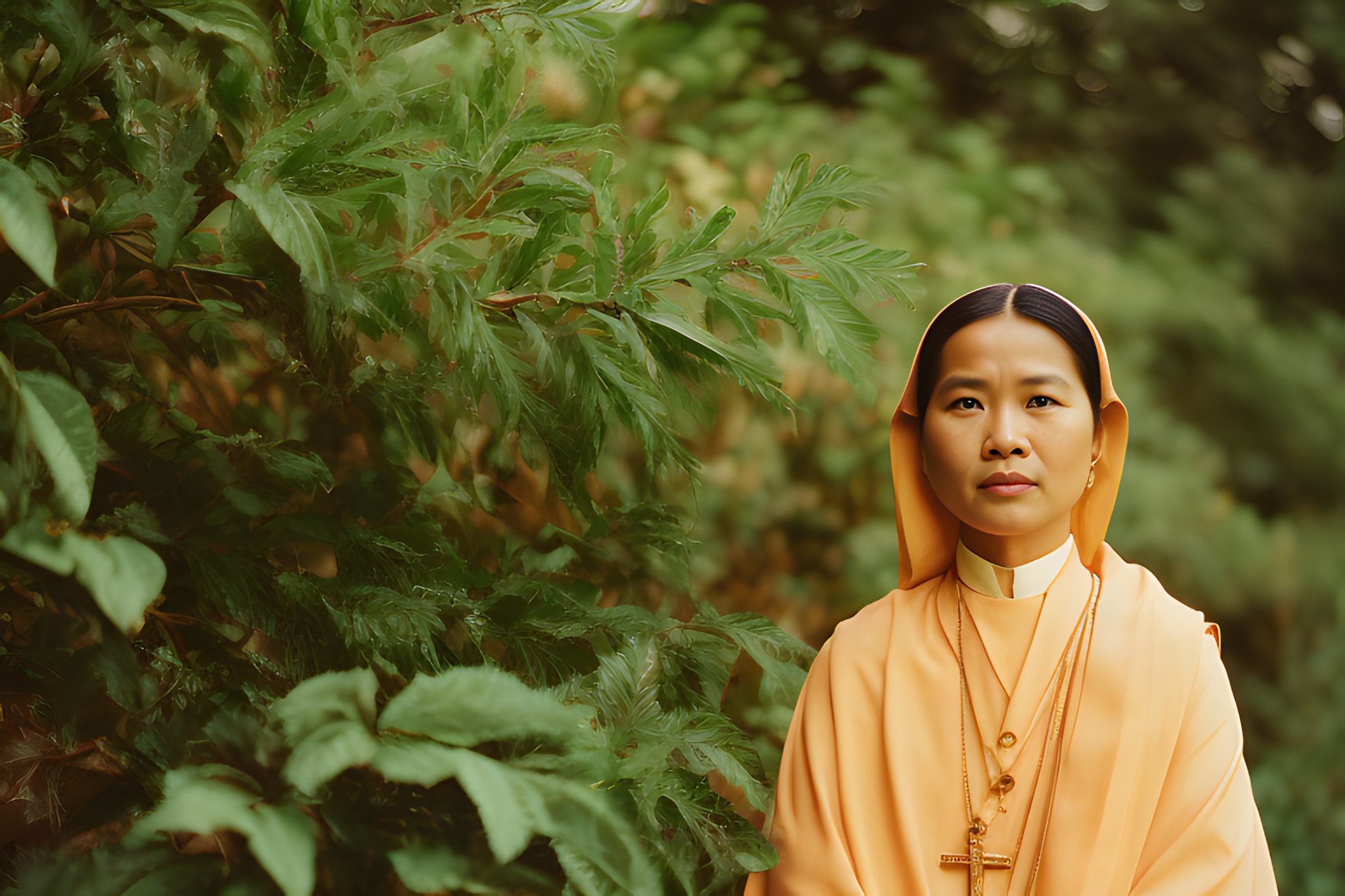 Portrait of an Indonesian nun in an orange habit, outdoors.