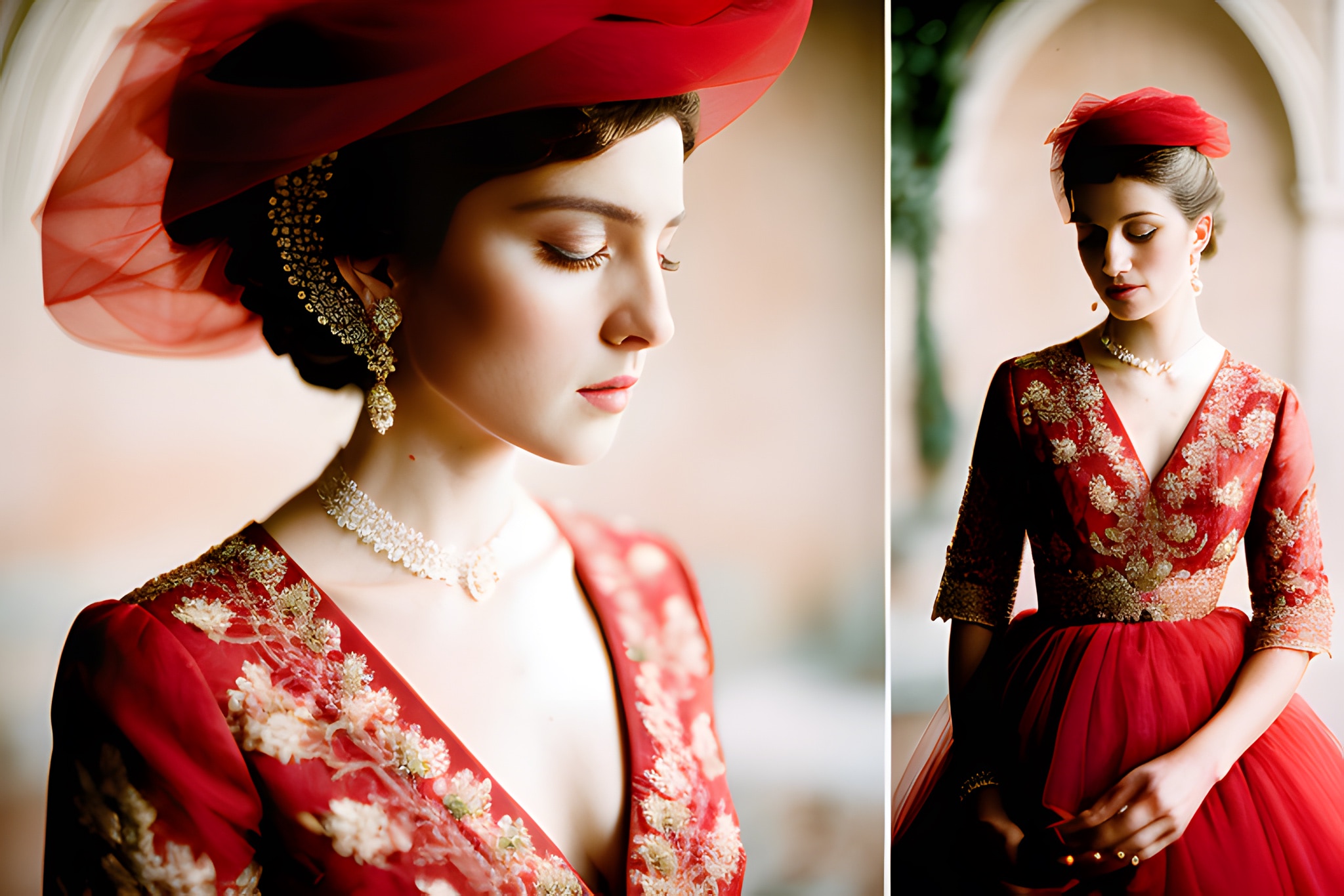 Portrait of a woman in a red embroidered dress and hat.