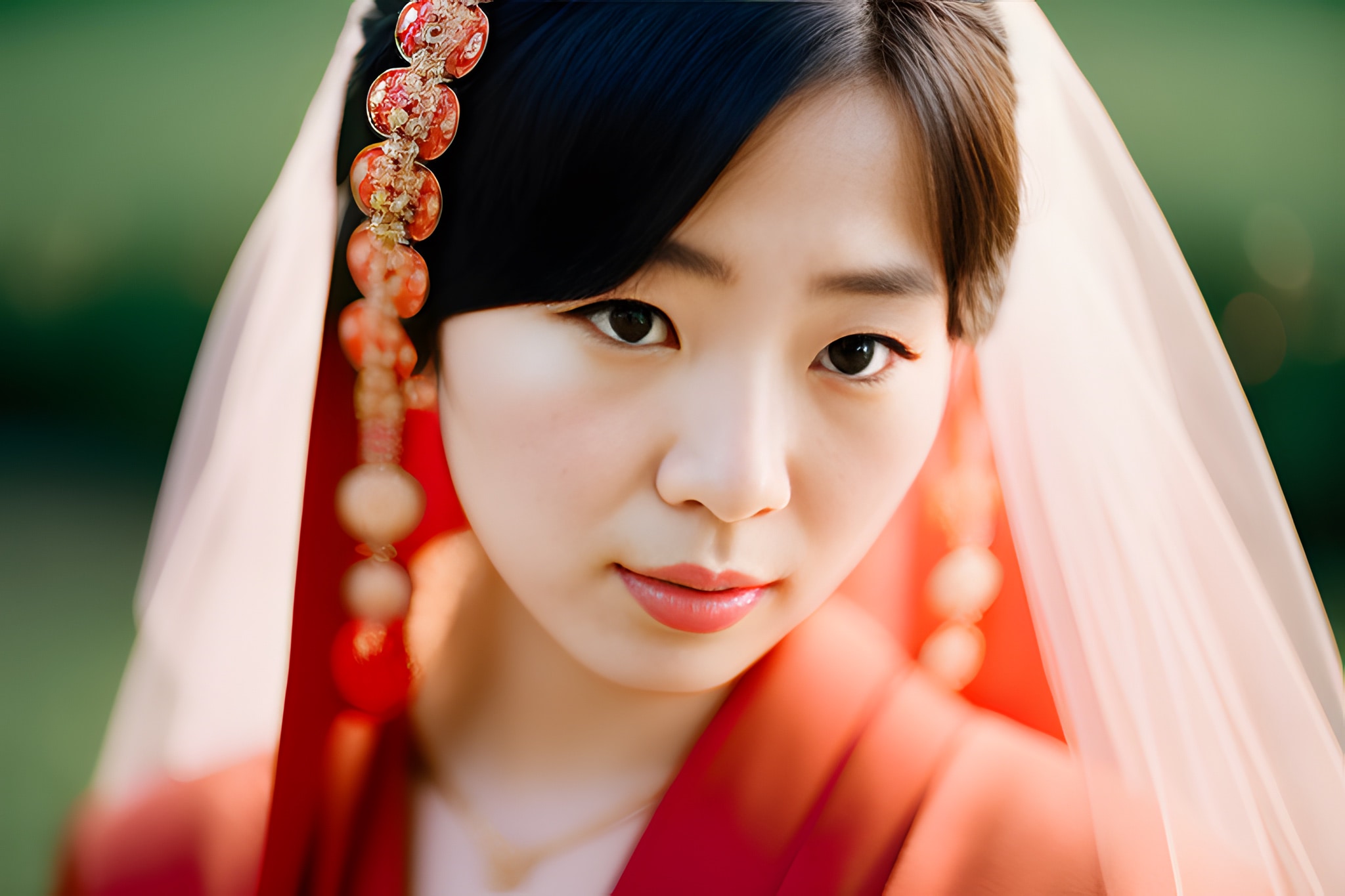Close-up portrait of a young woman in a red kimono and veil, wearing ornate red and gold hair jewelry.