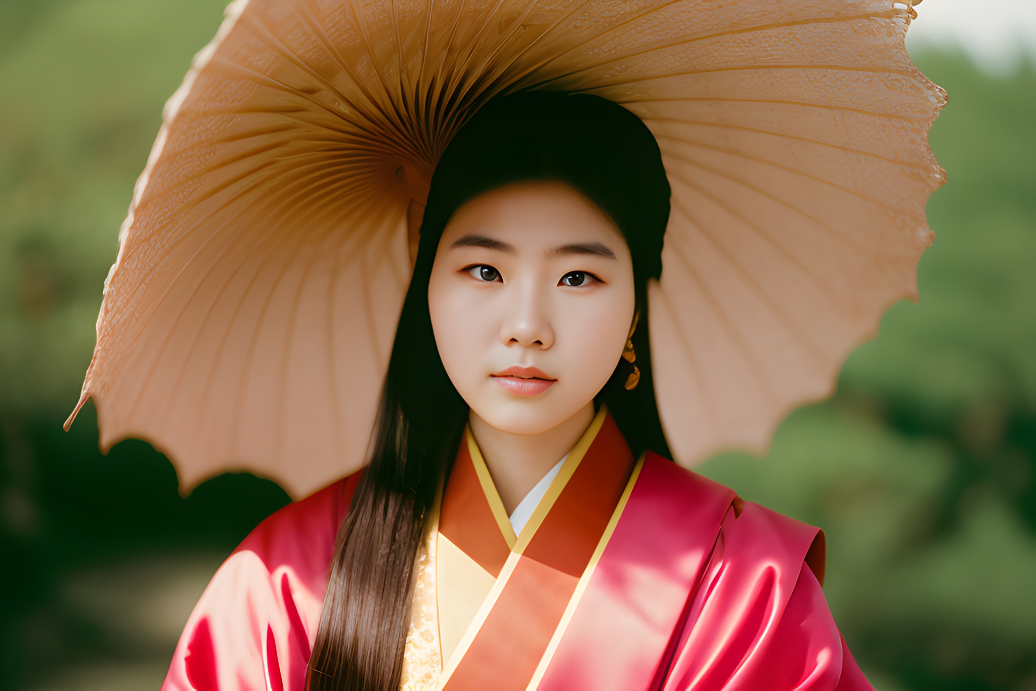 Portrait of a young woman wearing a traditional Korean hanbok and large, pale parasol.