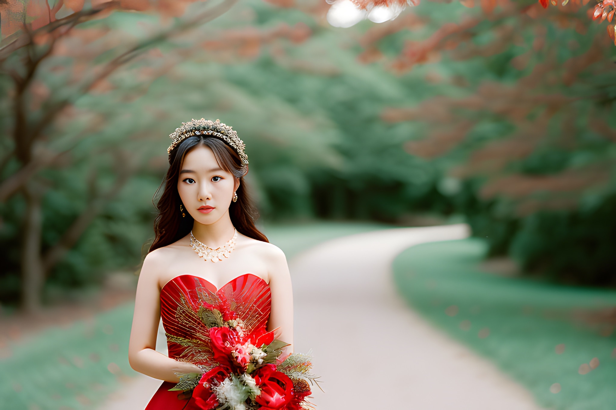 Portrait of a young woman in a red dress and crown, holding a bouquet.